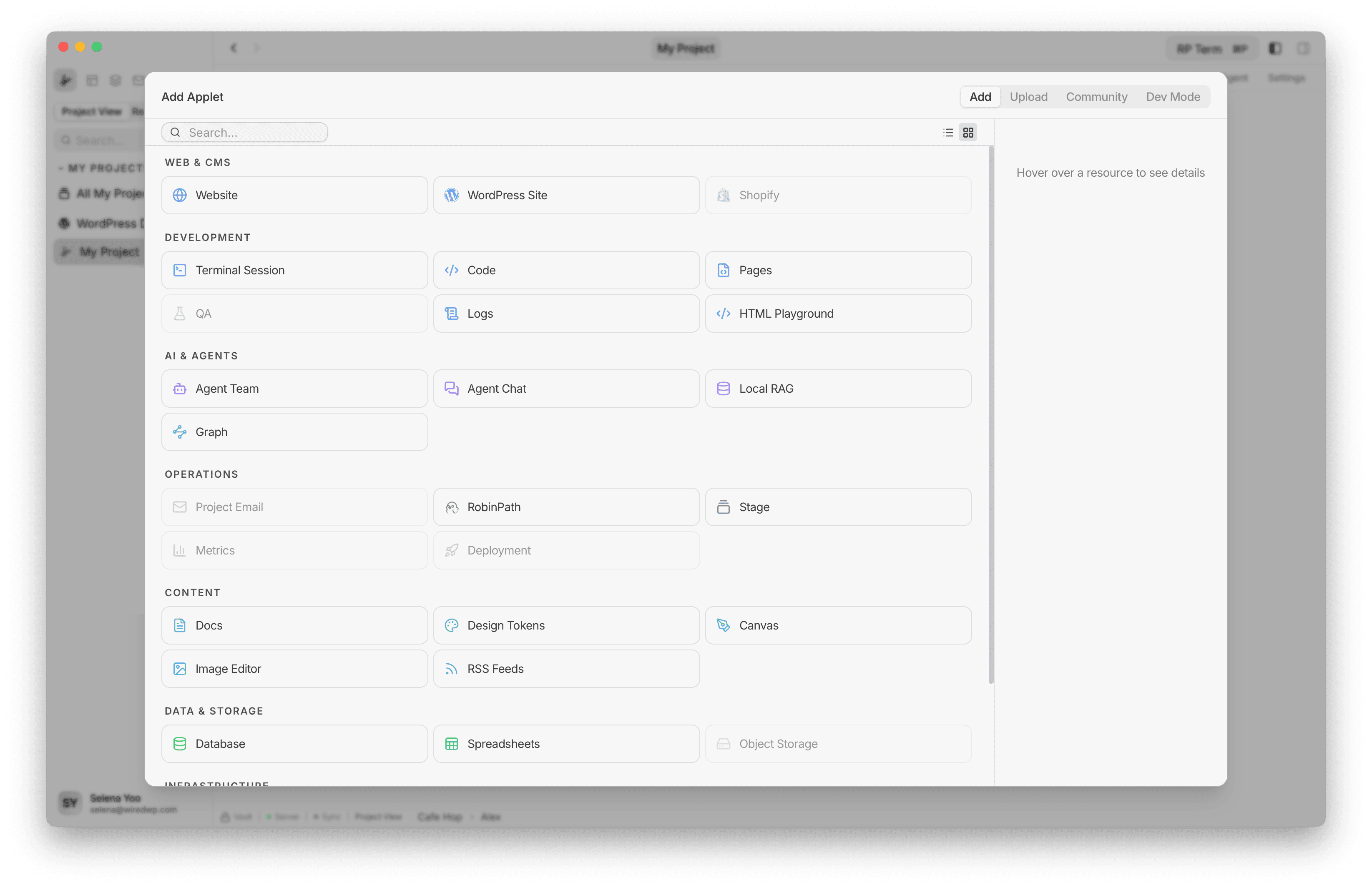 Add Applet dialog showing all categories and applets