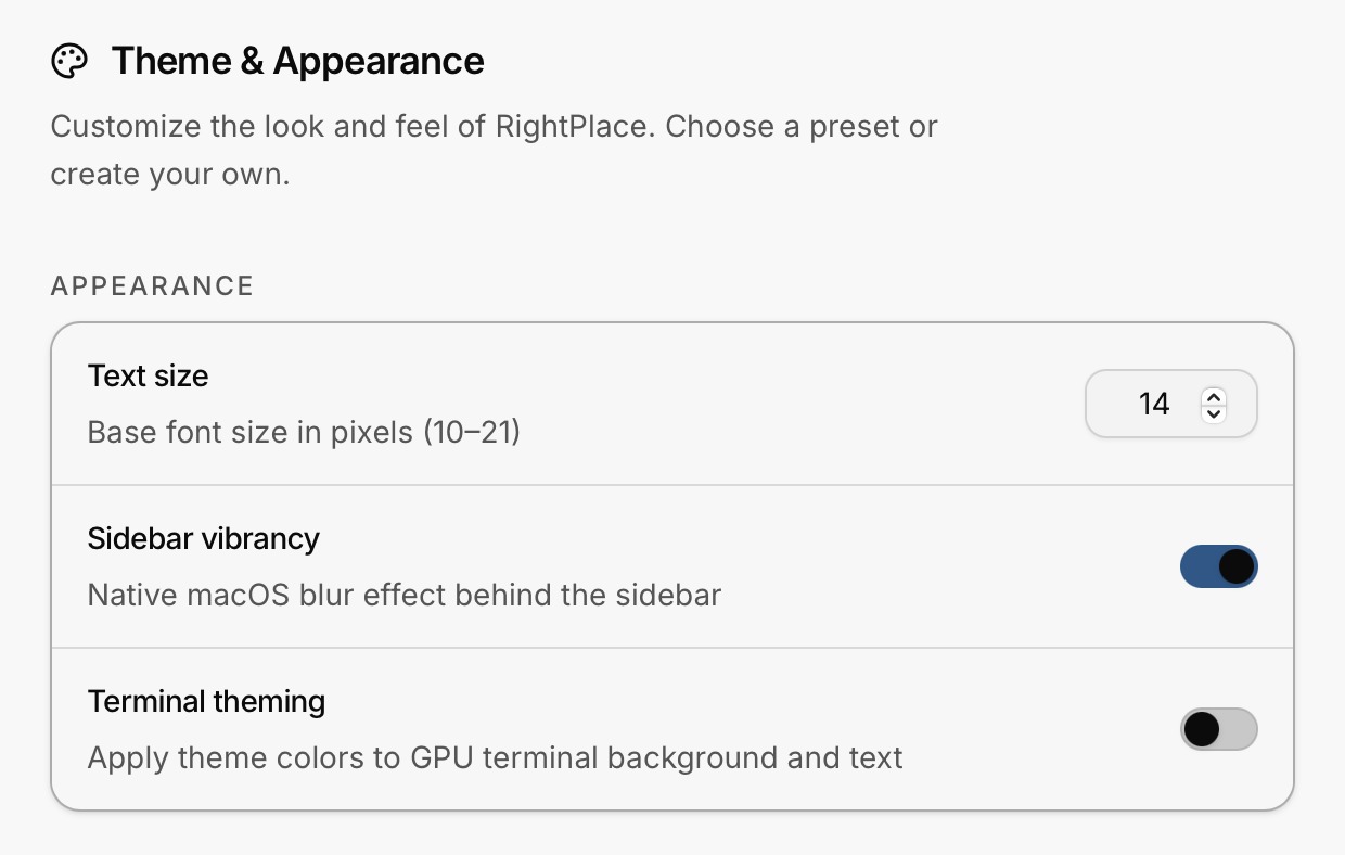 Appearance settings showing Text size, Sidebar vibrancy, and Terminal theming options