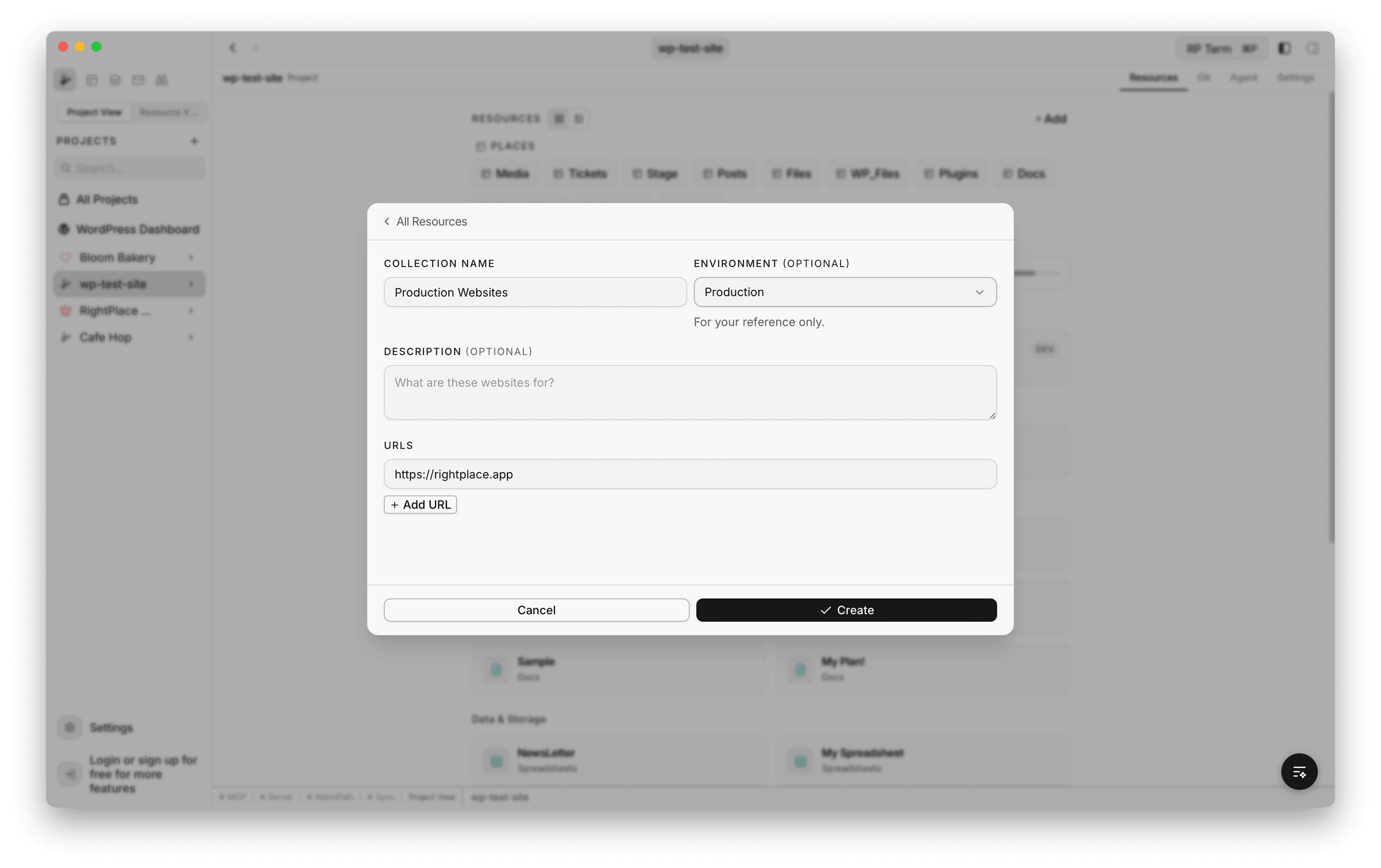 Website creation form showing Collection Name set to Production Websites, Environment set to Production, an optional Description field, and a URLs section with one URL entered and an Add URL button below