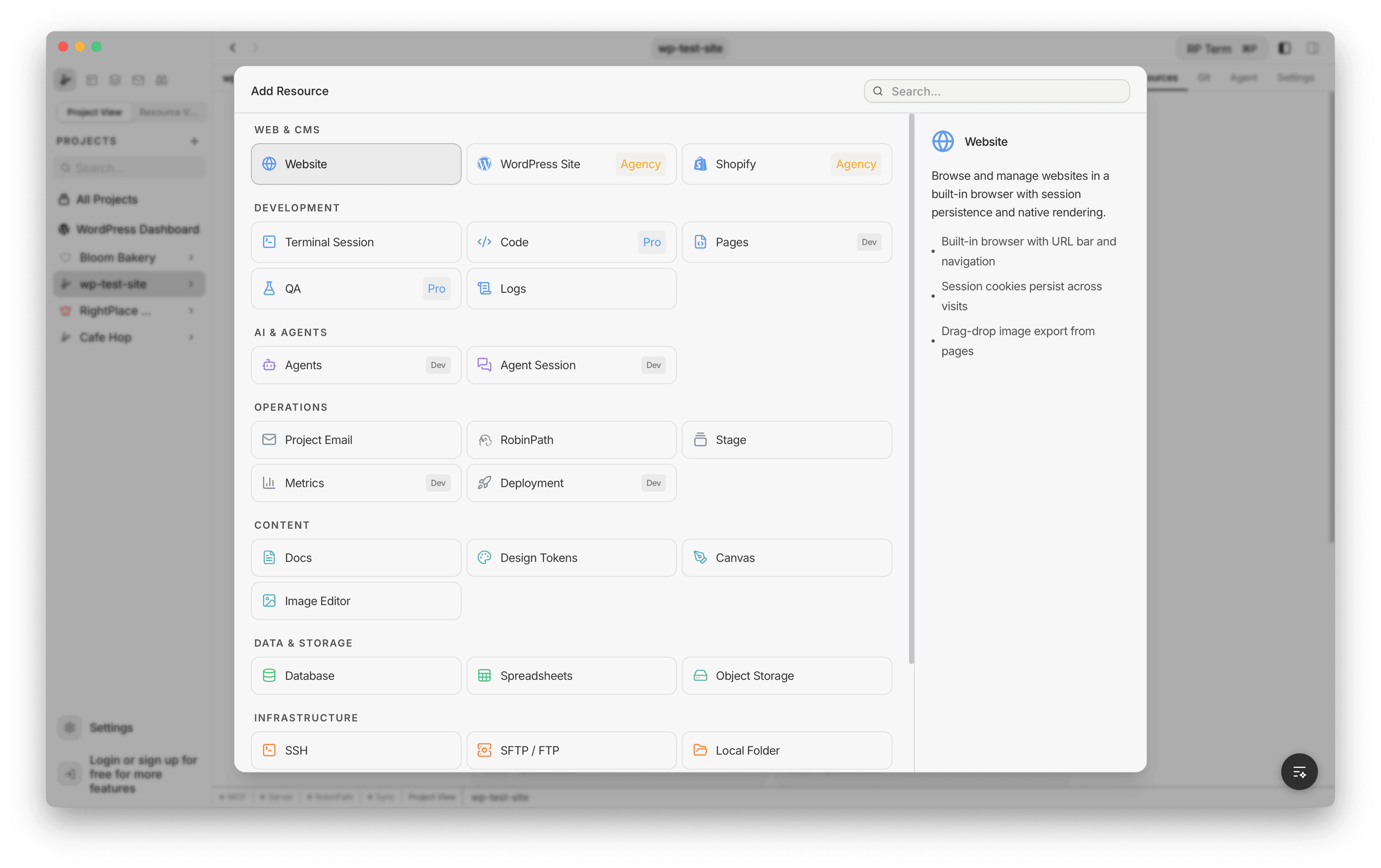 Add Resource dialog showing Website selected under the Web & CMS category, with a description panel on the right listing key features: built-in browser with URL bar and navigation, session cookies persist across visits, drag-drop image export from pages