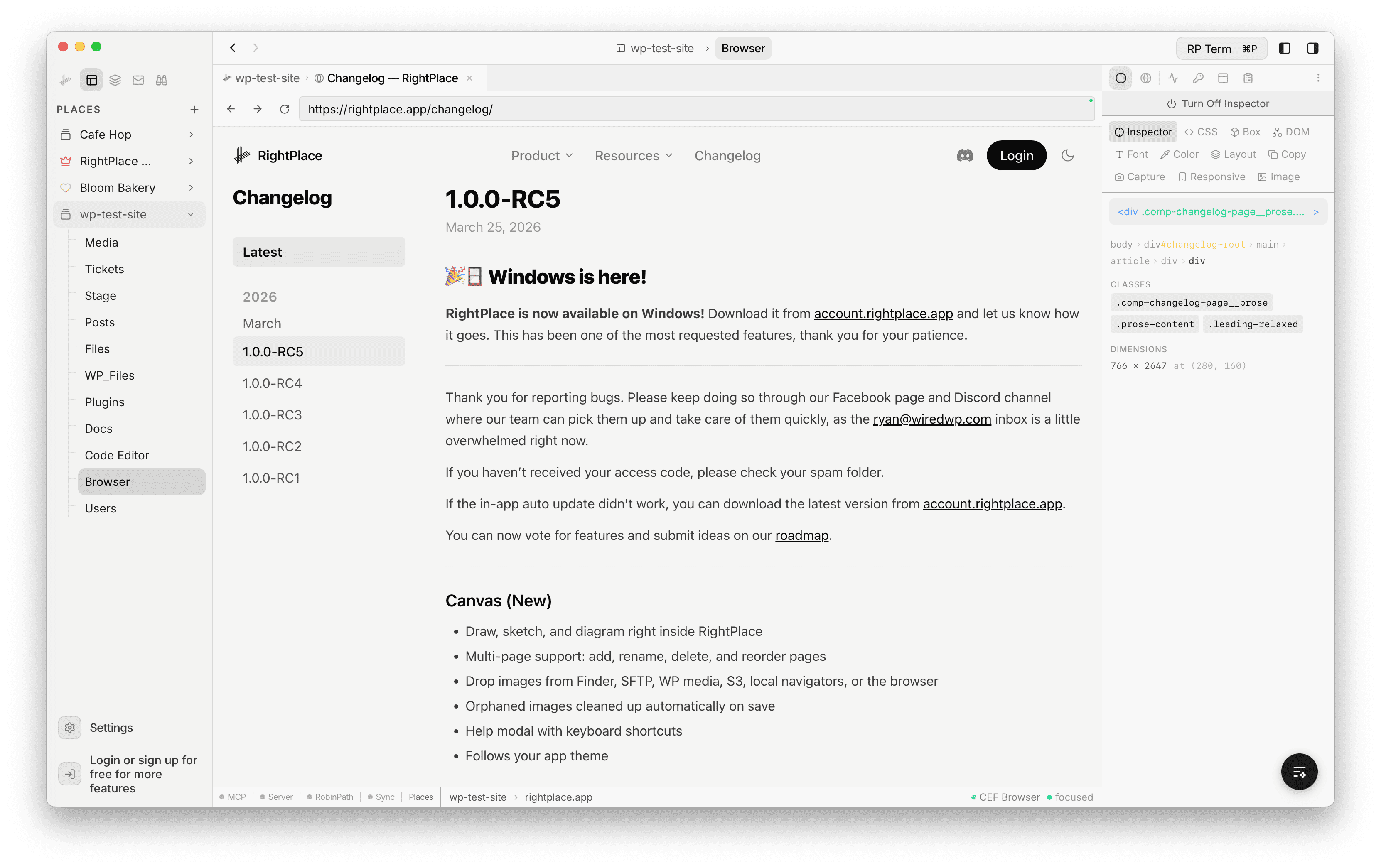 Browser showing the RightPlace changelog page with navigation controls at the top, address bar displaying the URL, the Inspector widget panel on the right with element details, and the Places sidebar on the left