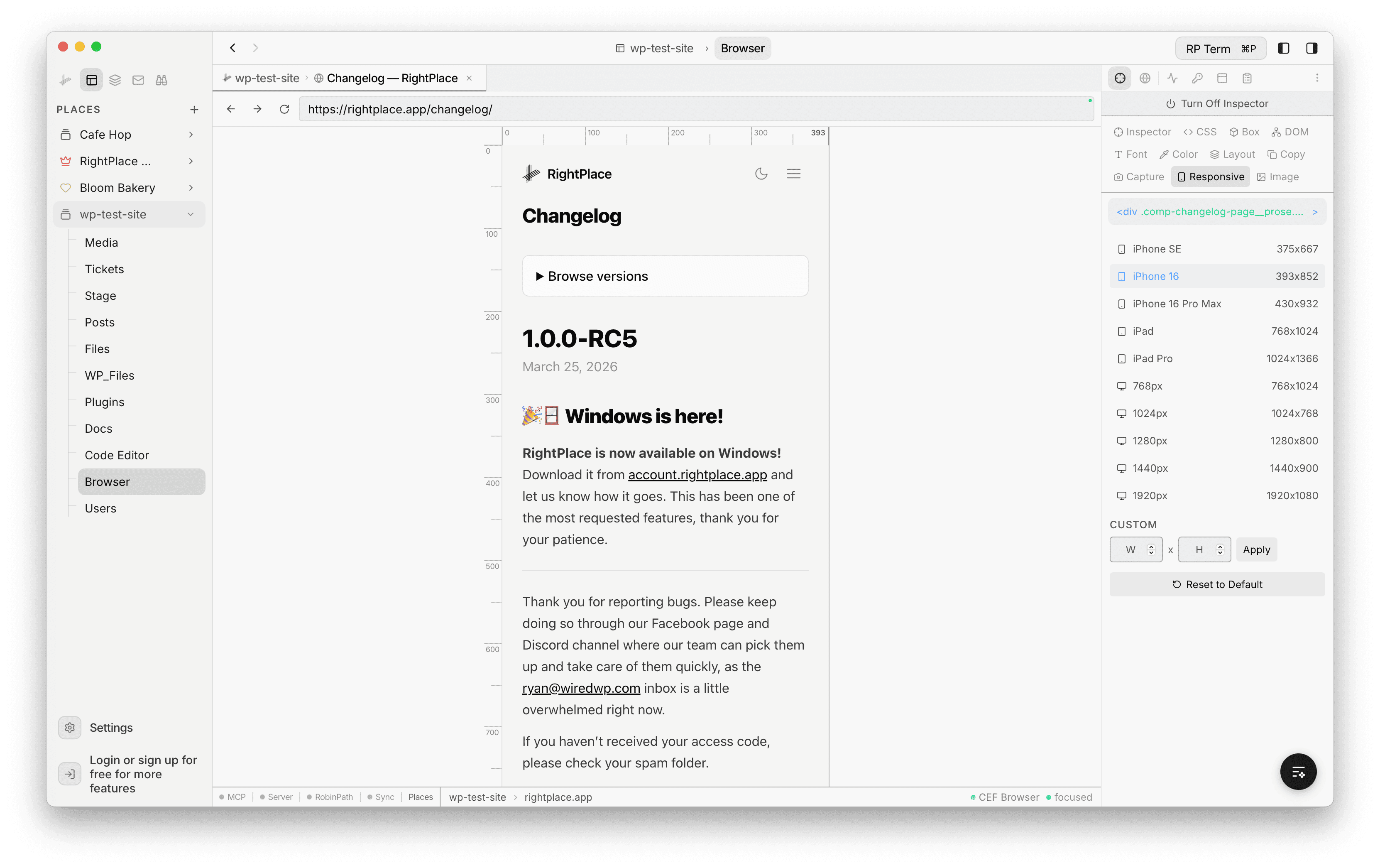 Responsive preview showing the RightPlace changelog in an iPhone 16 viewport (393px wide) with pixel rulers along the top and left edges, and the Responsive tool panel on the right listing device presets from iPhone SE to 1920px with custom width and height inputs