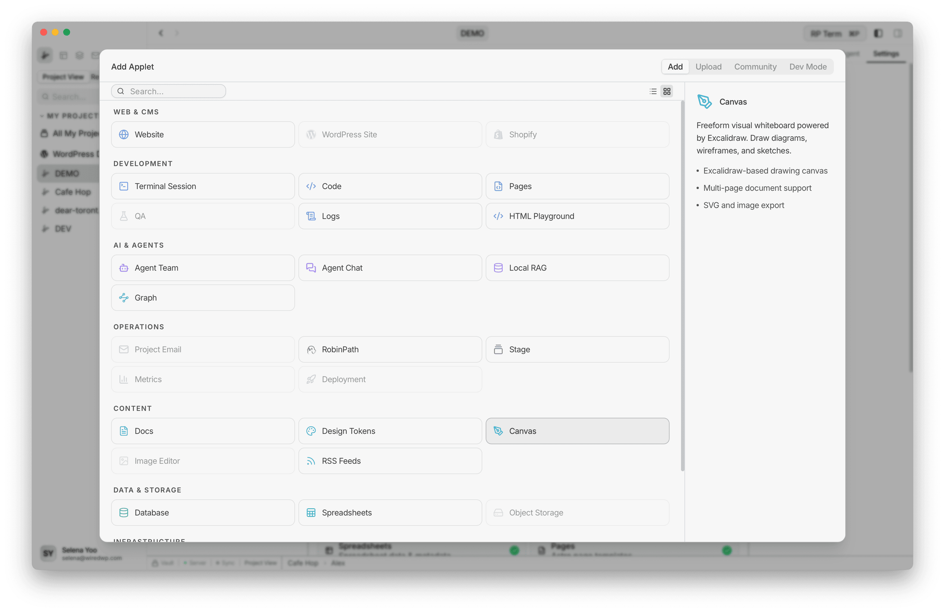 Add Applet dialog with Canvas selected in Content