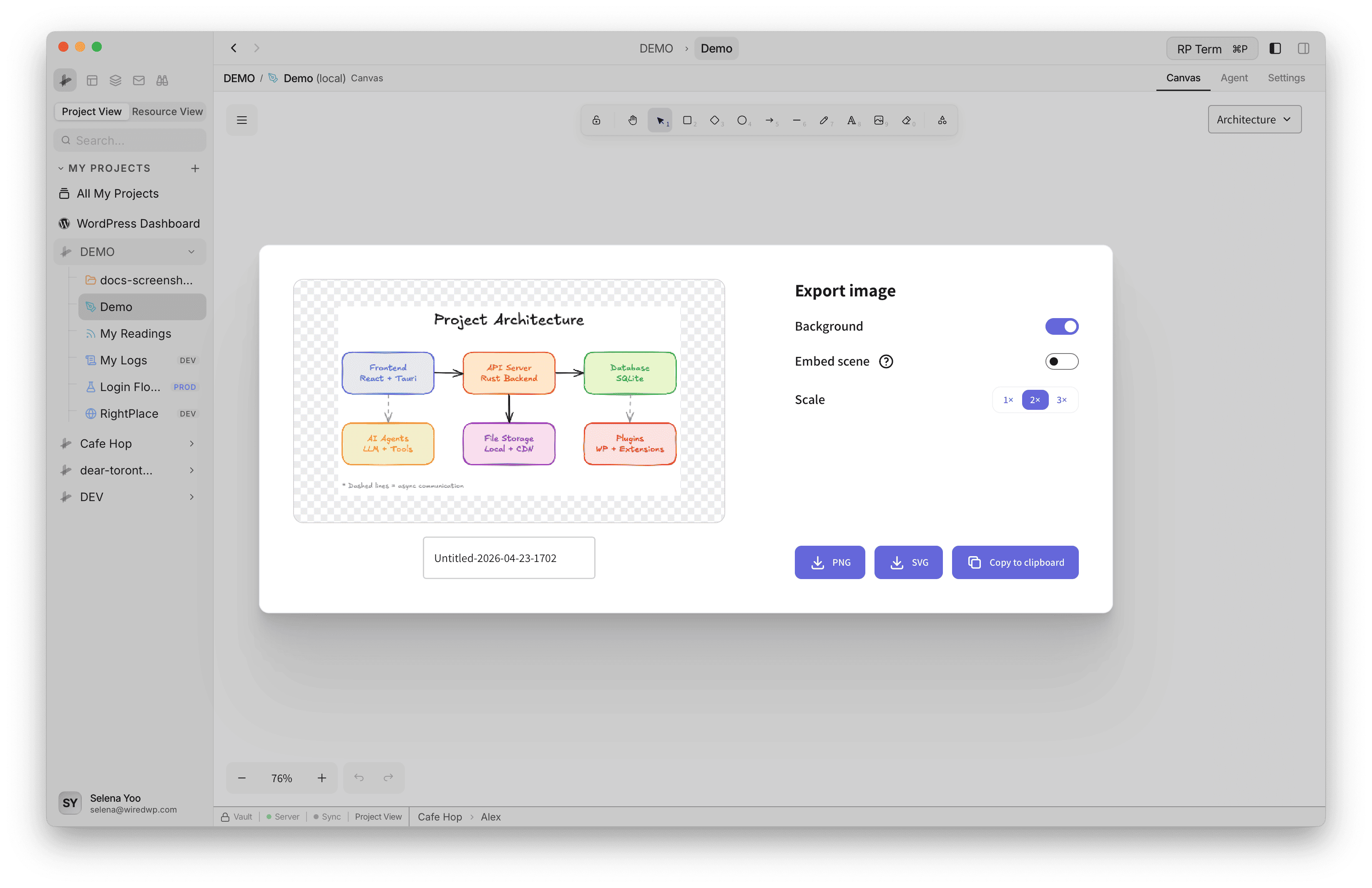 Canvas export dialog with PNG and SVG download buttons, background toggle, and scale options