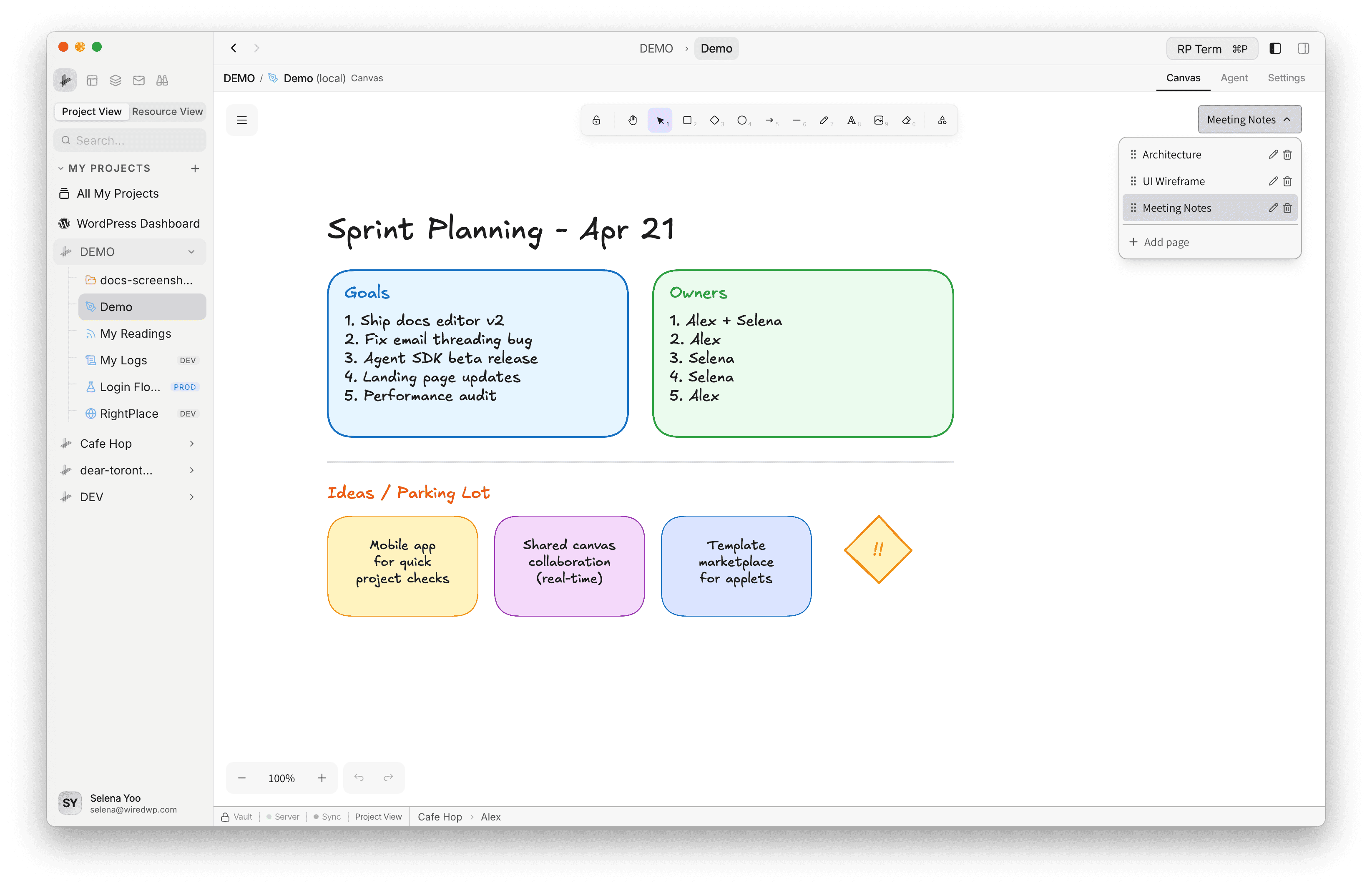 Canvas with page dropdown showing Architecture, UI Wireframe, and Meeting Notes pages with colored sticky notes