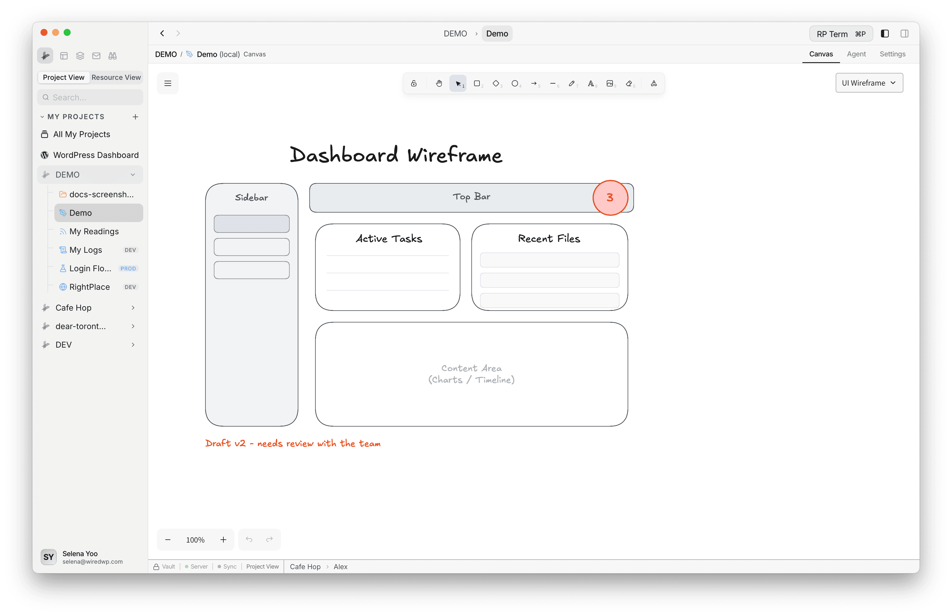 Canvas wireframe page showing a dashboard layout with sidebar, cards, and content area