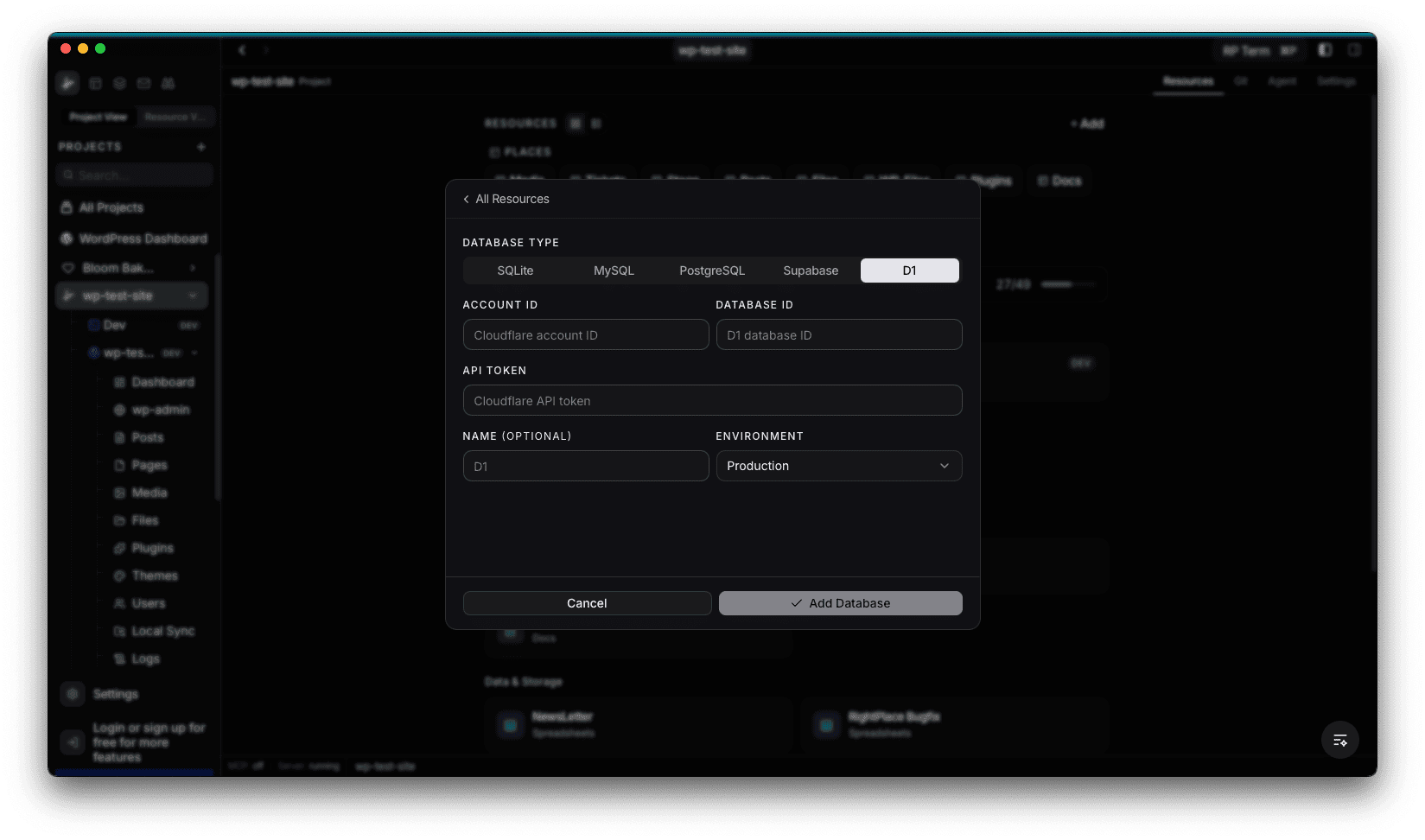 D1 connection form with account ID, database ID, API token, name, and environment