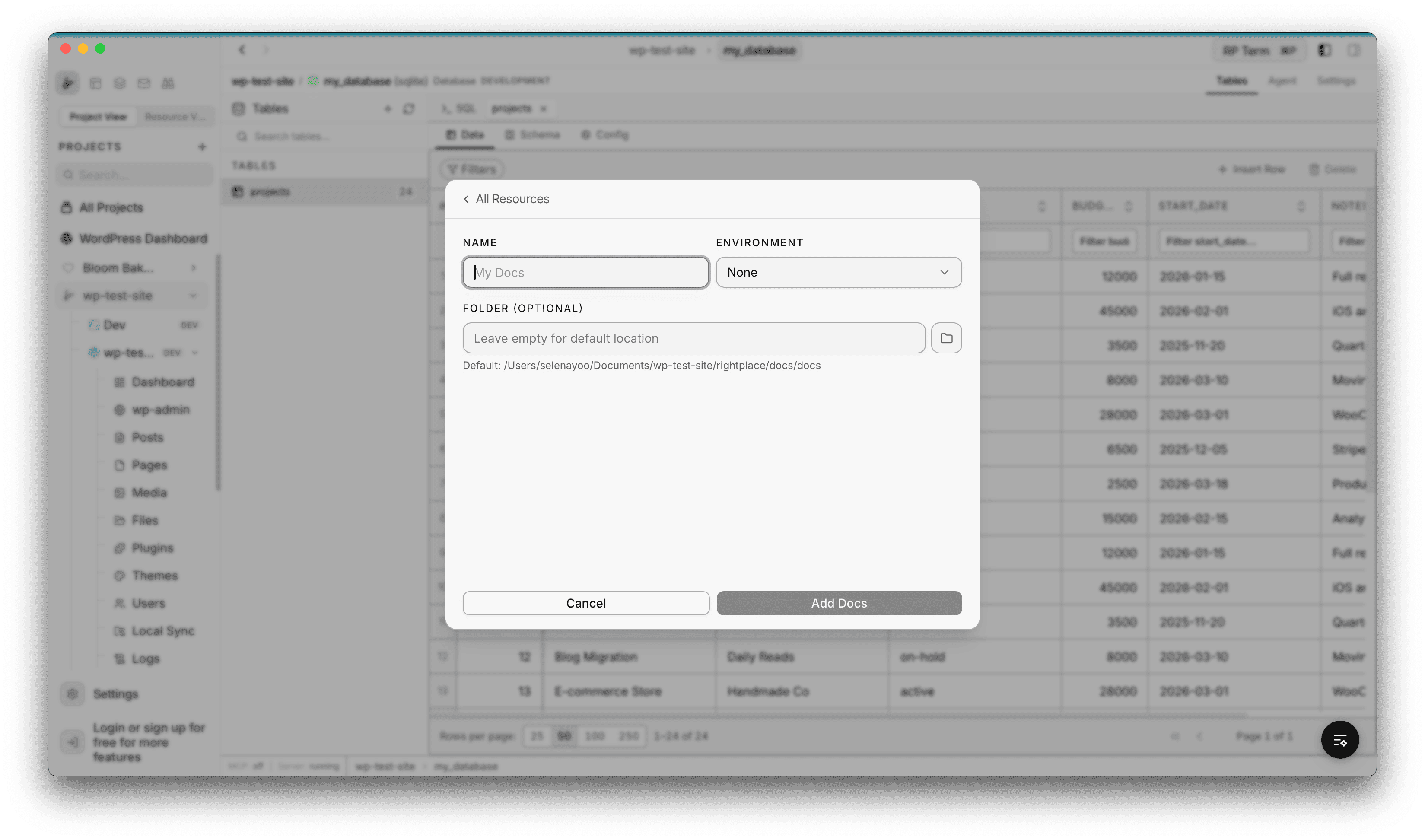Docs creation form with name, environment, and folder path fields