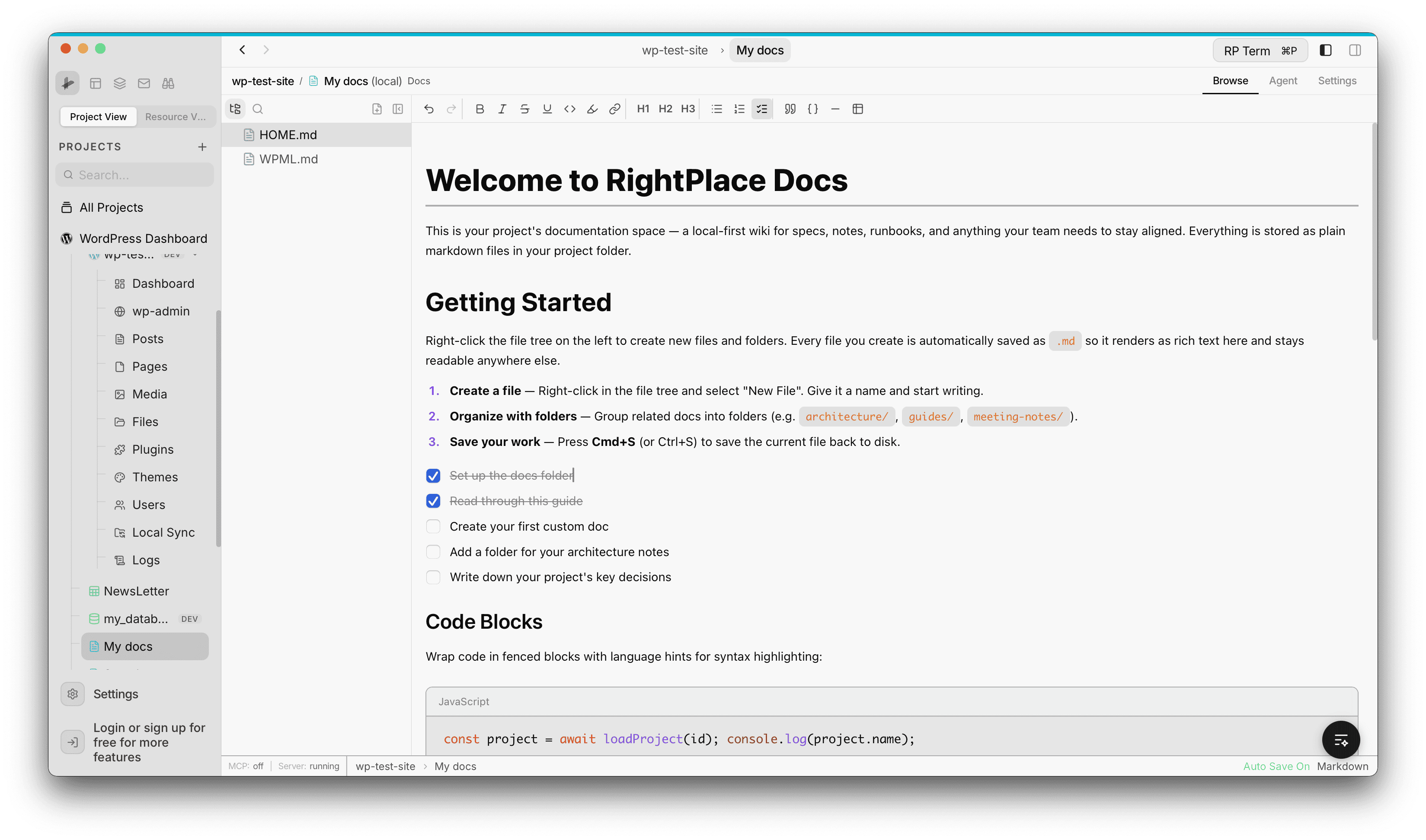 Docs editor showing the file tree on the left, formatting toolbar at the top, and the HOME.md document with headings, task lists, inline code, and a syntax-highlighted code block