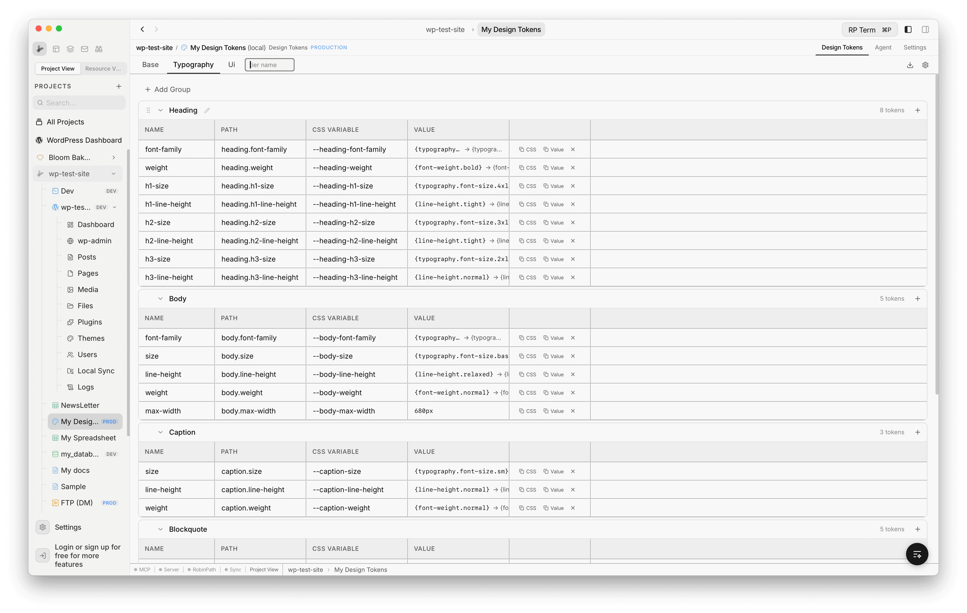 Typography tier showing Heading, Body, Caption, and Blockquote groups with alias references, plus a new tier name input field next to the existing tabs