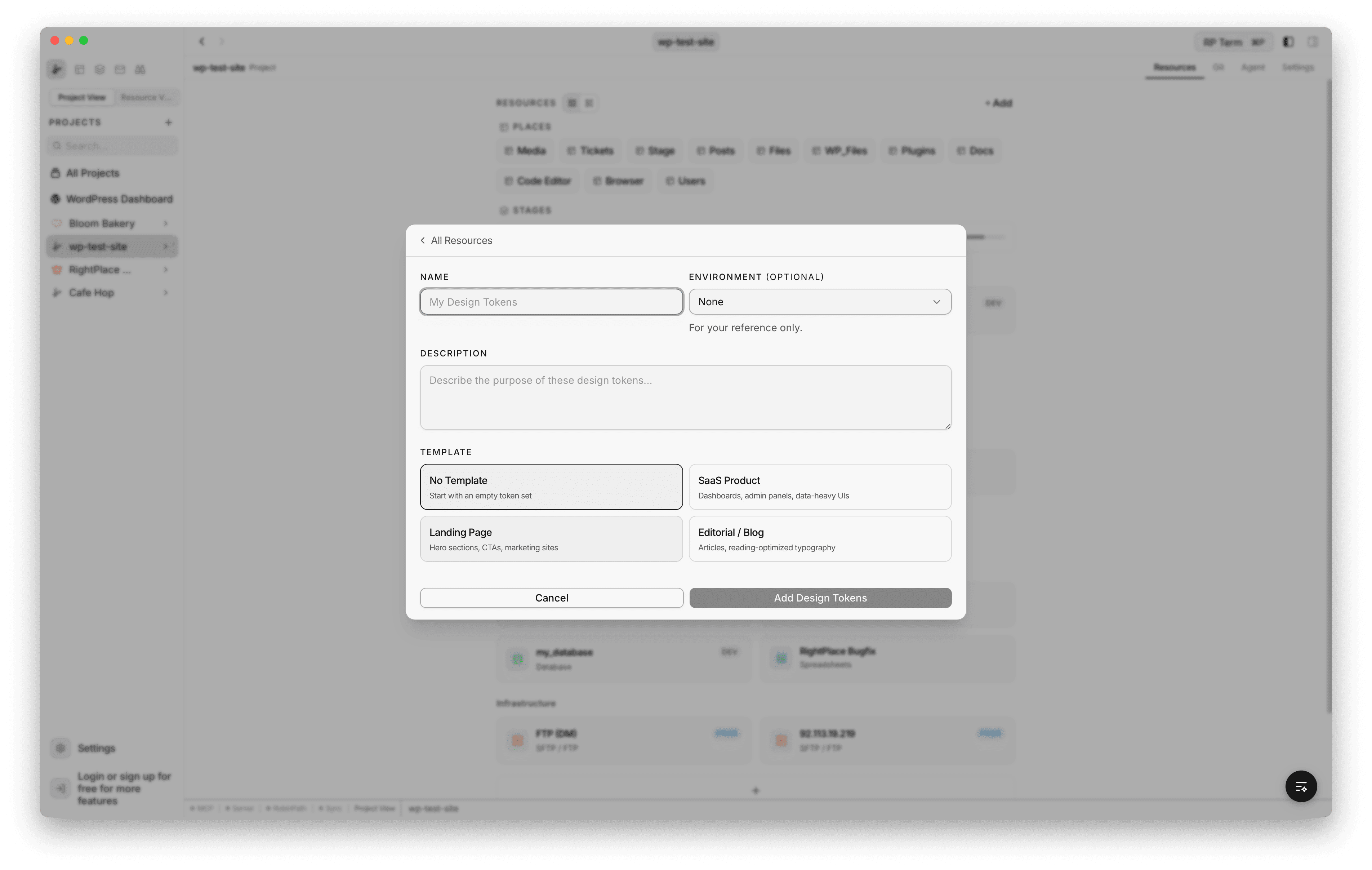 Design Tokens creation form showing name field, environment selector, description textarea, and four template options
