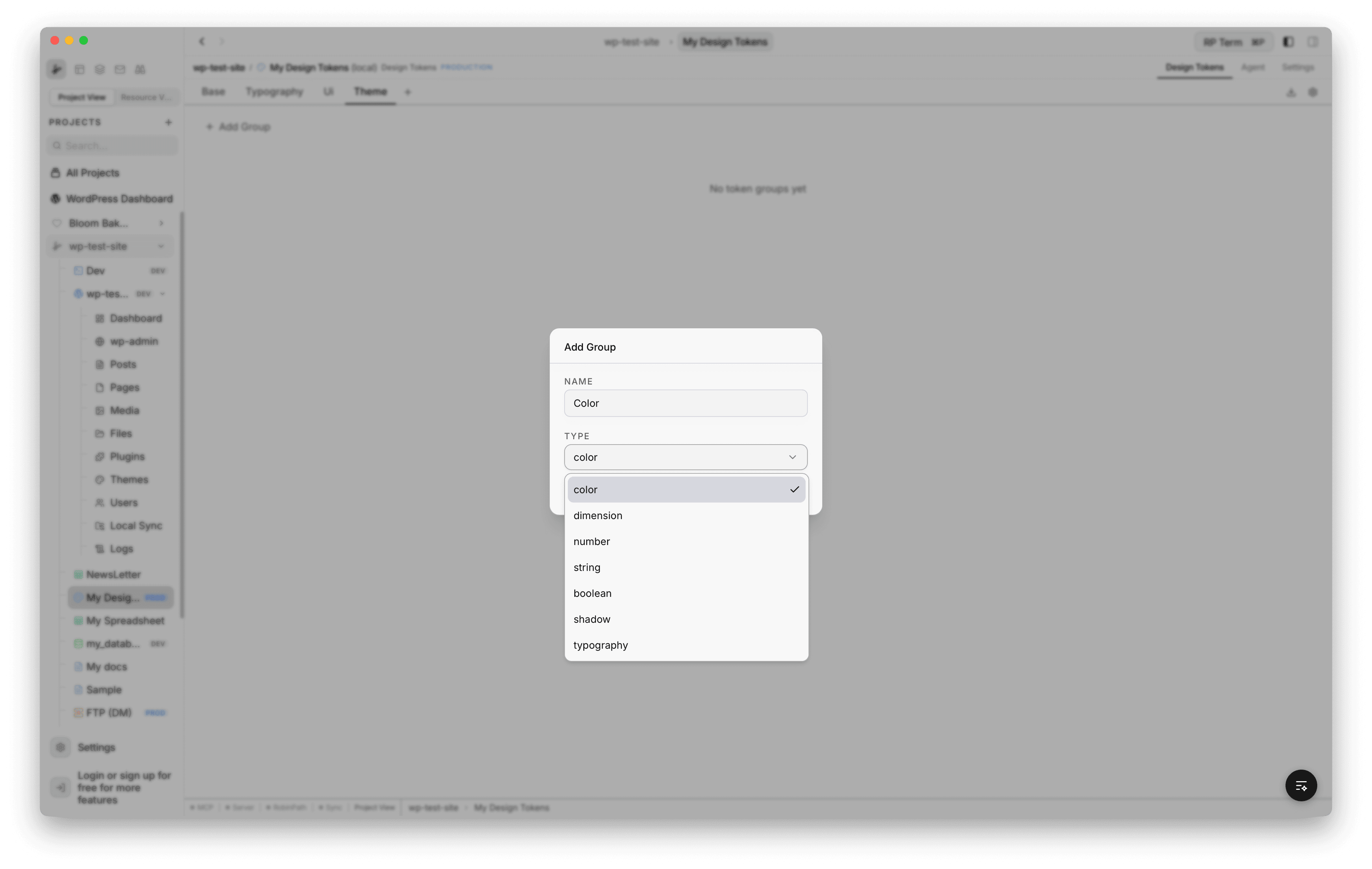 Add Group modal with a name field set to "Color" and a type dropdown open showing all seven token types: color, dimension, number, string, boolean, shadow, typography