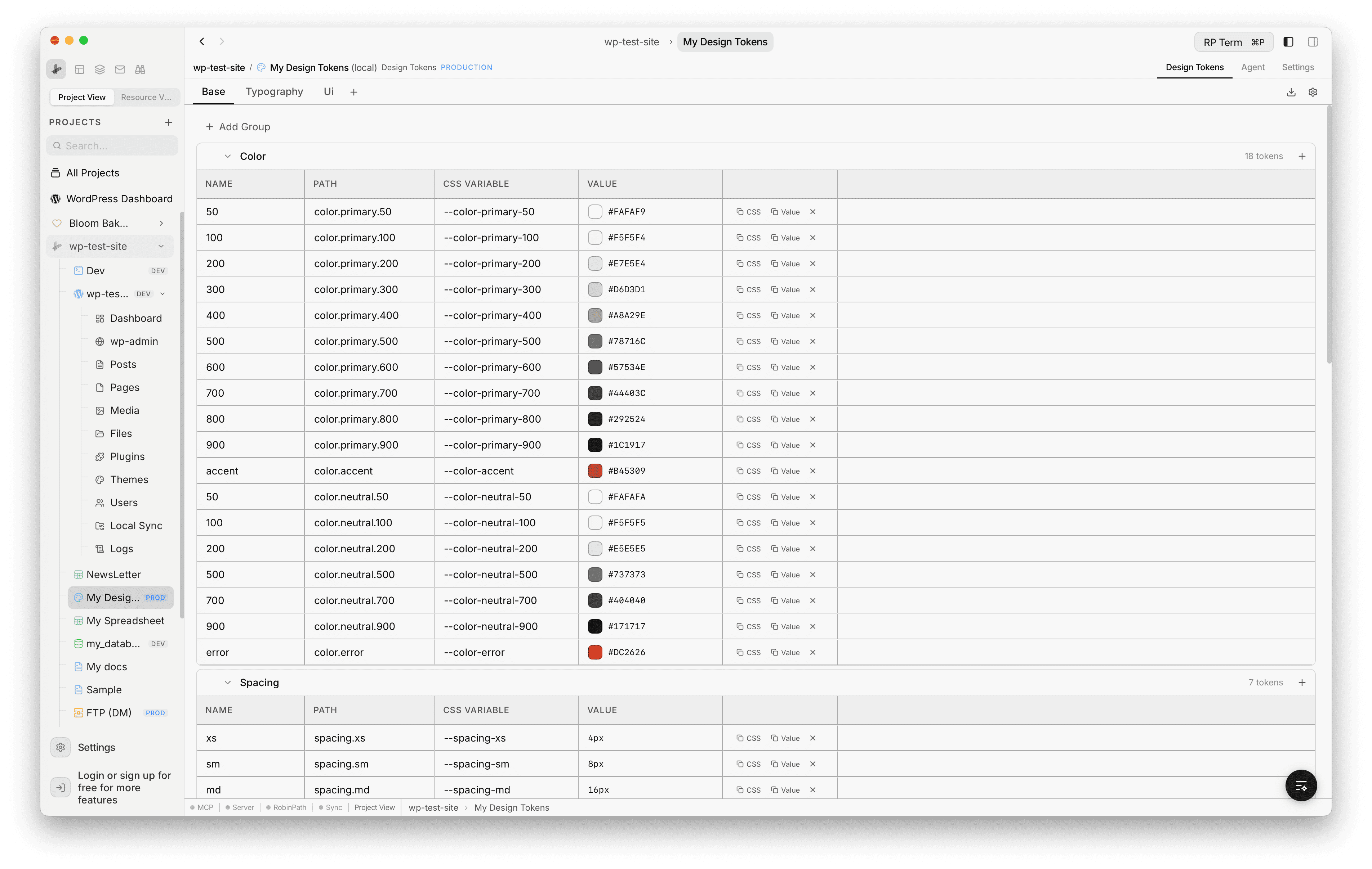 Design Tokens panel showing the Base tier with a Color group containing primary, neutral, accent, and error color tokens with hex values and swatches, and a Spacing group with dimension tokens