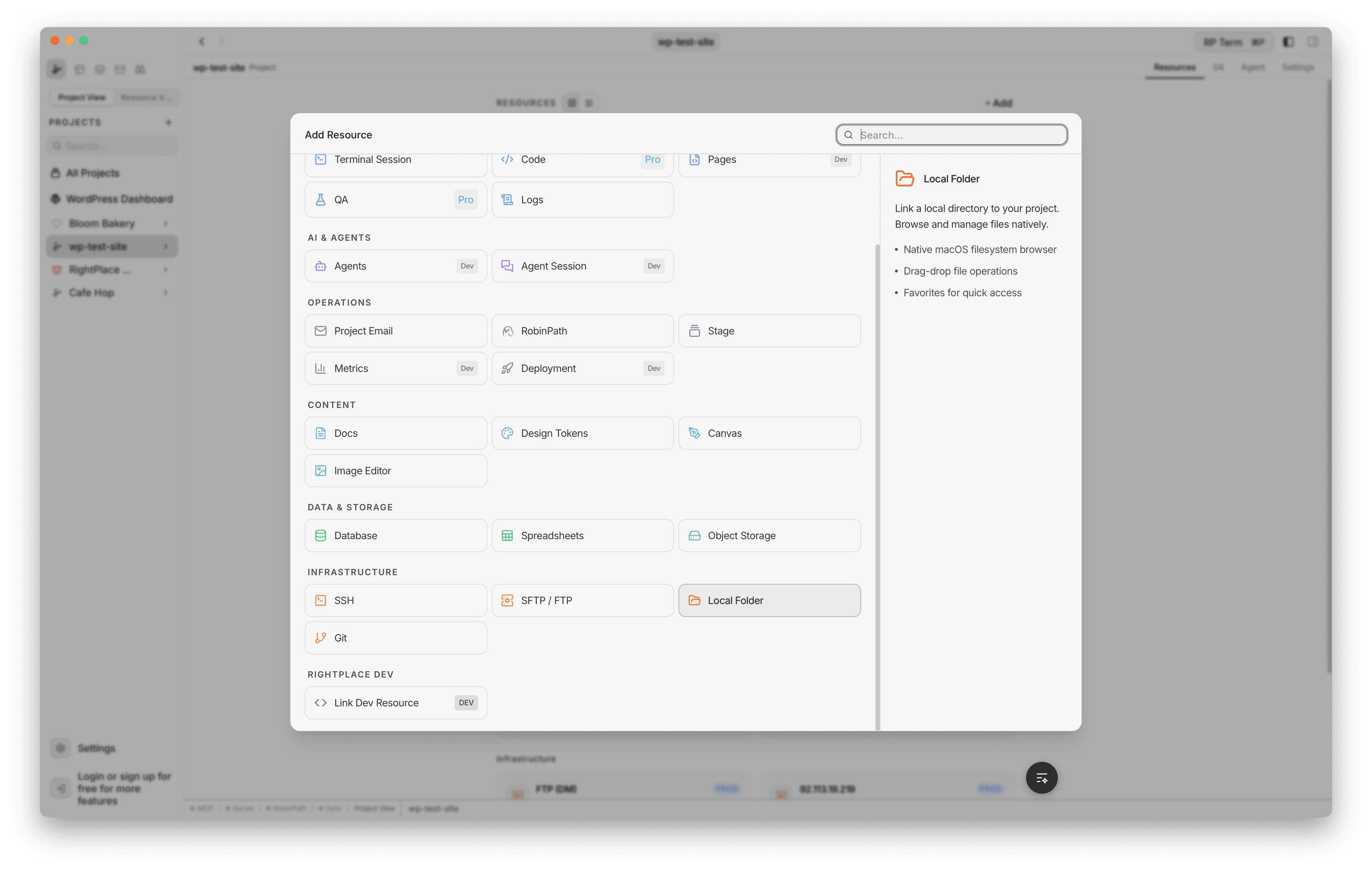 Add Resource dialog showing Local Folder selected under Infrastructure, with description panel on the right