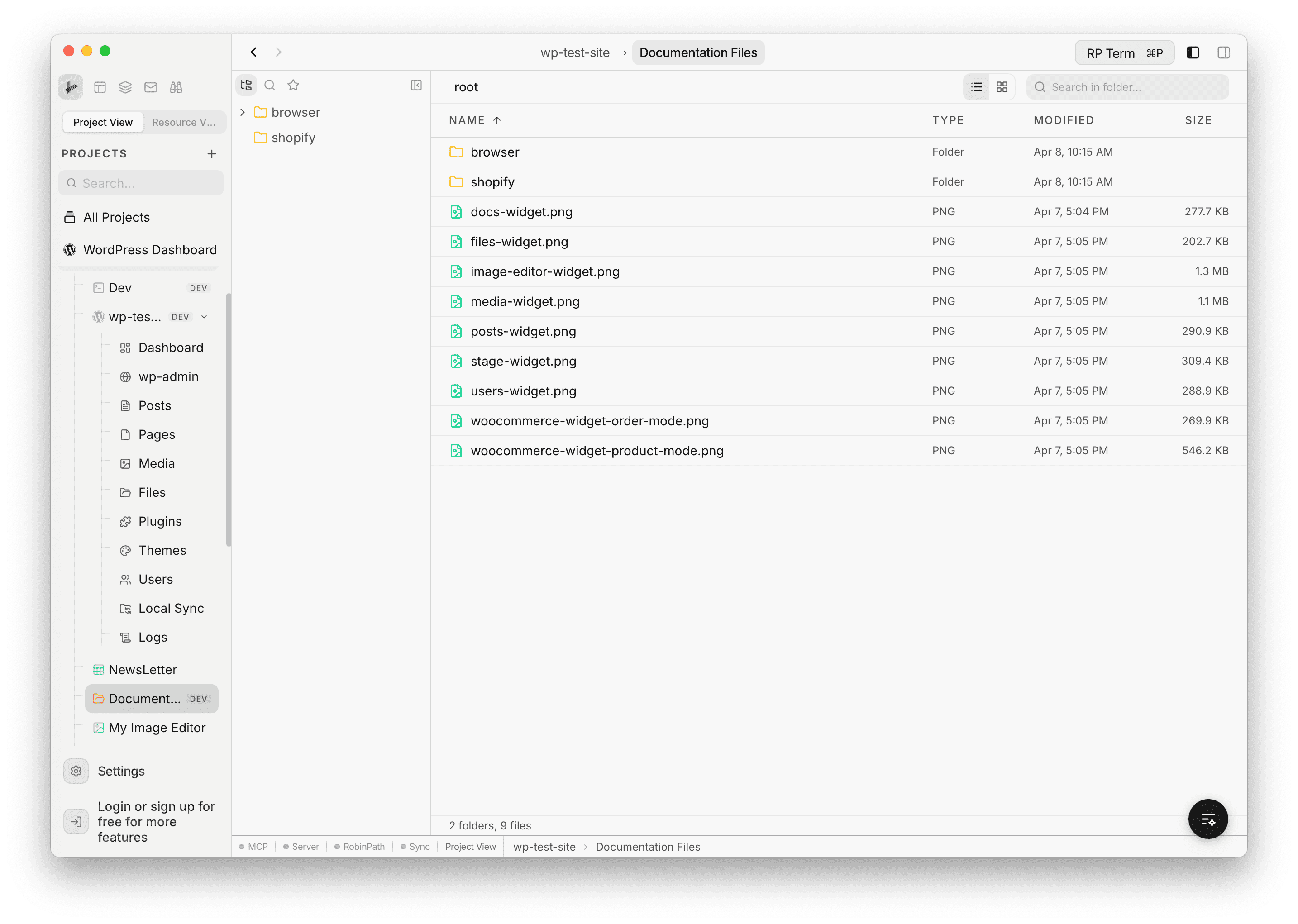 Table view showing folders and PNG files with Name, Type, Modified, and Size columns