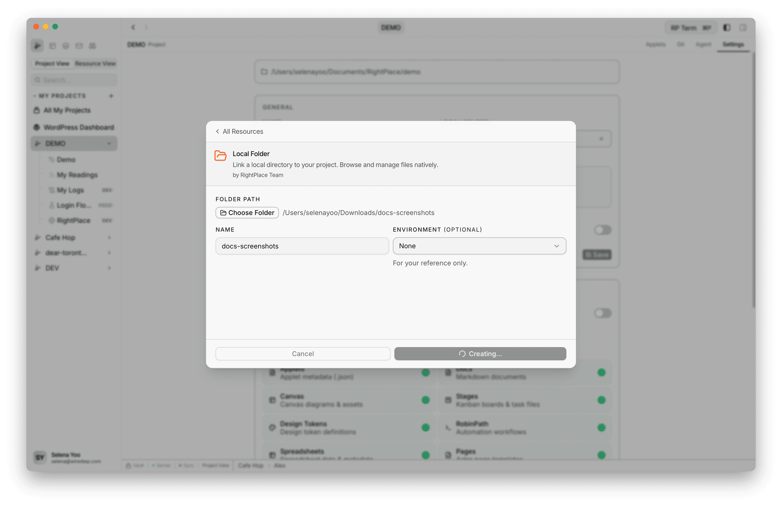 Local Folder creation form with folder path, name, and environment fields