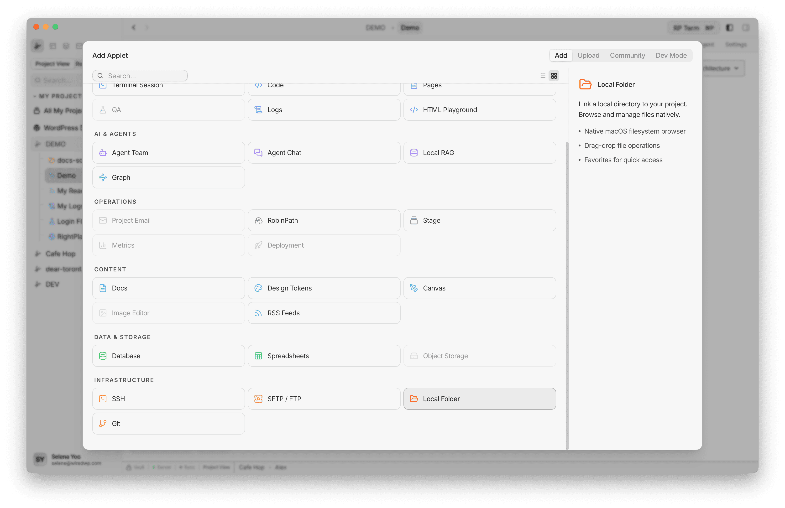 Add Applet dialog with Local Folder selected in Infrastructure