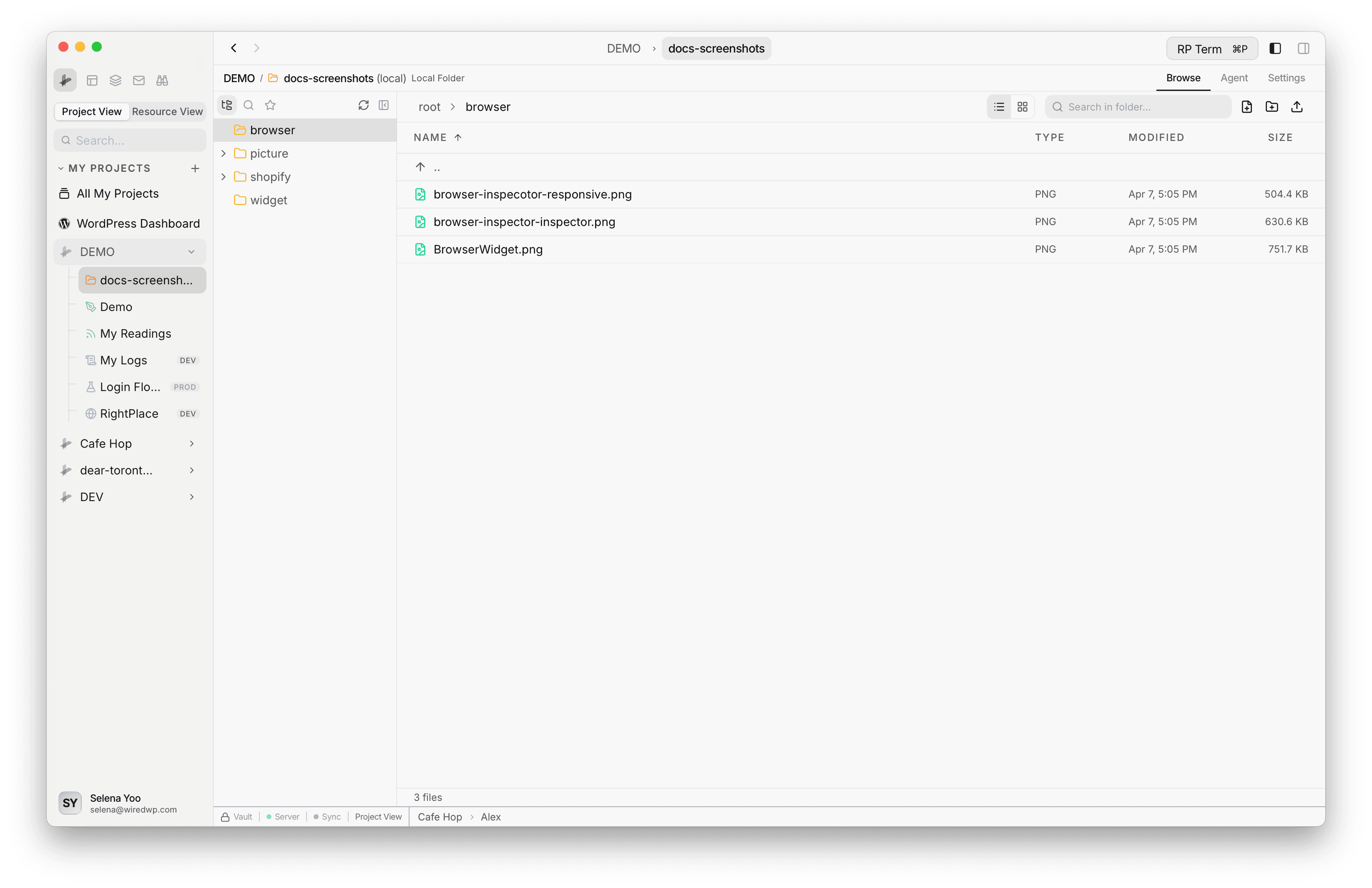 Local Folder in table view showing files with name, type, modified date, and size columns