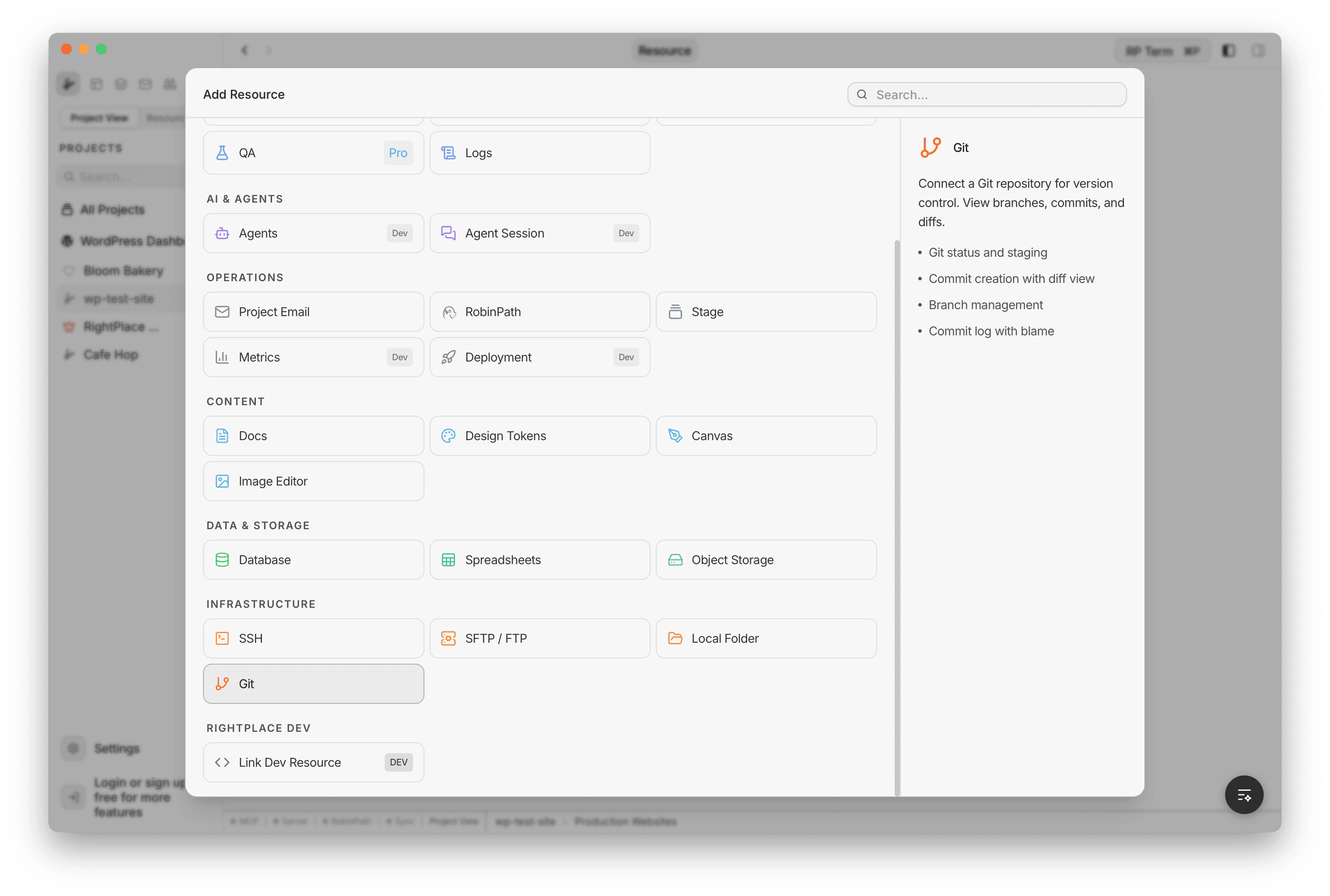 Add Resource dialog showing Git selected under the Infrastructure category, with a description panel on the right listing key features: Git status and staging, commit creation with diff view, branch management, commit log with blame