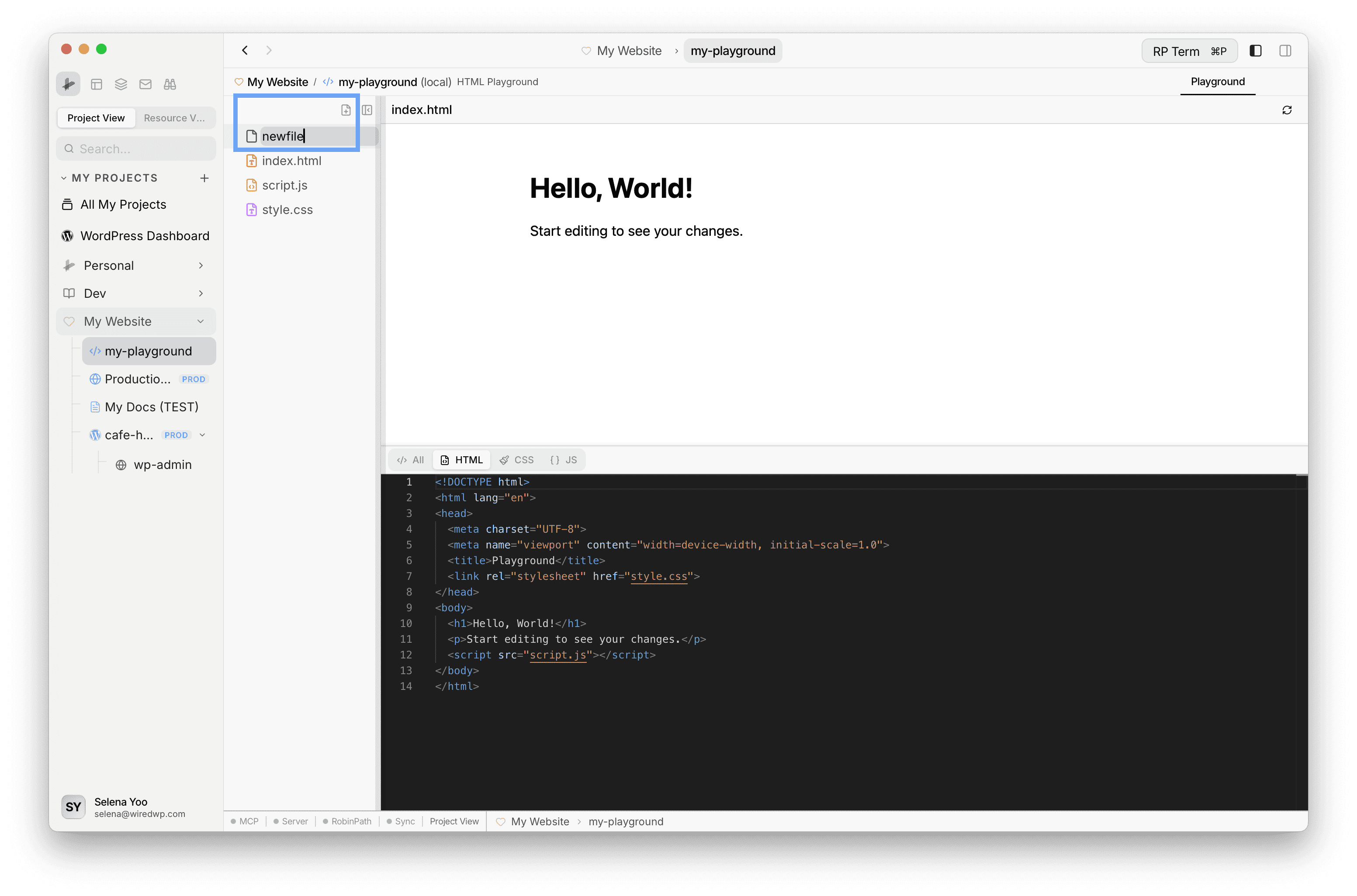 File navigator context menu in HTML Playground showing New File and Delete actions