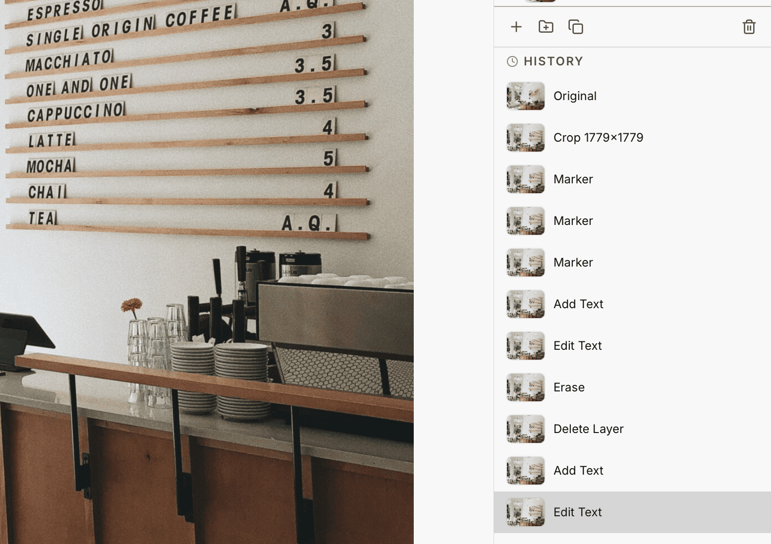 History panel showing a scrollable list of editing actions - Original, Crop 1779x1779, Marker, Add Text, Edit Text, Erase, Delete Layer - each with a small thumbnail preview