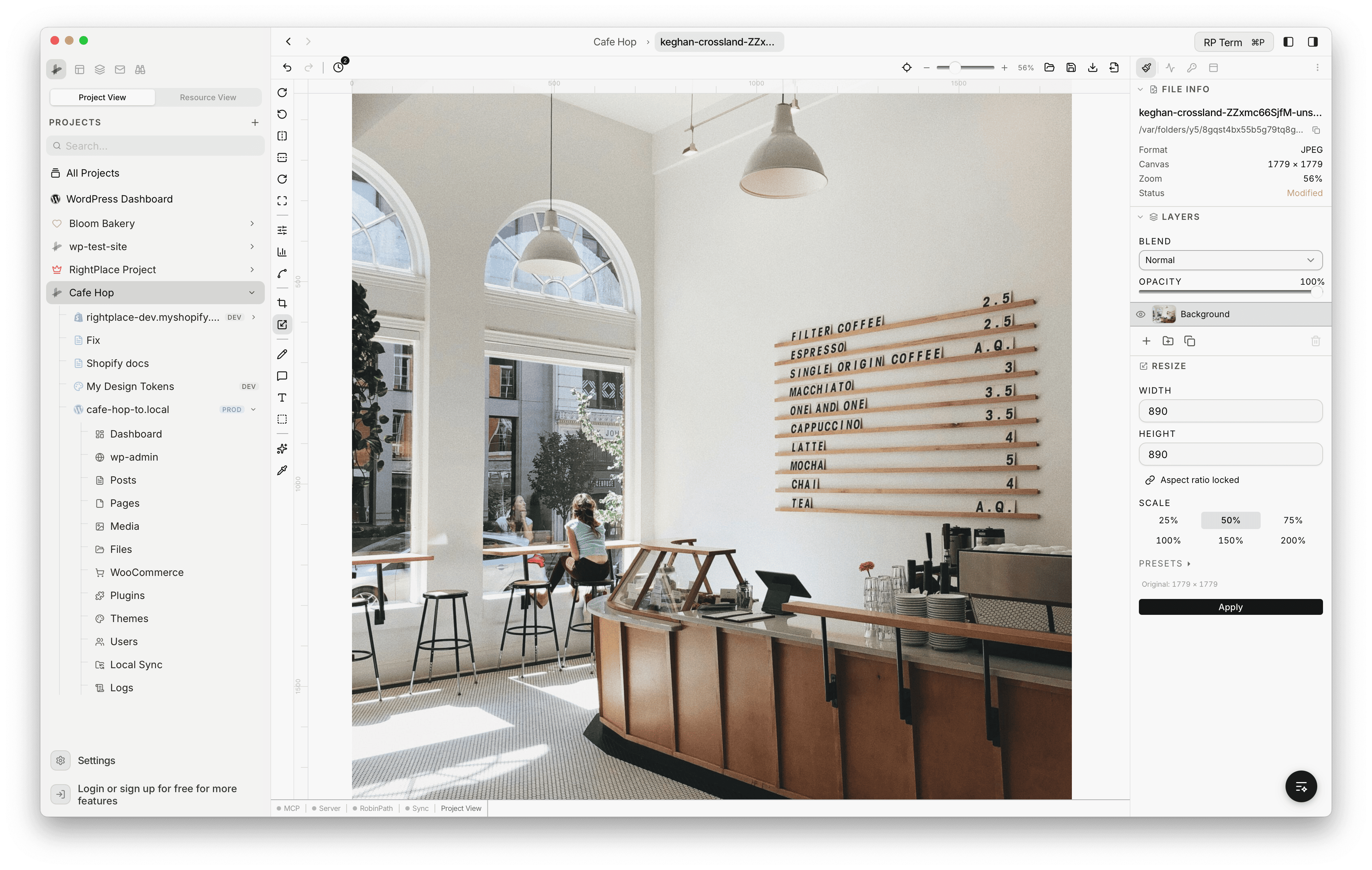 Resize panel showing Width 890 and Height 890 input fields with aspect ratio locked, Scale preset buttons at 25%, 50% (selected), 75%, 100%, 150%, 200%, a collapsed Presets section, original dimensions reference, and an Apply button.