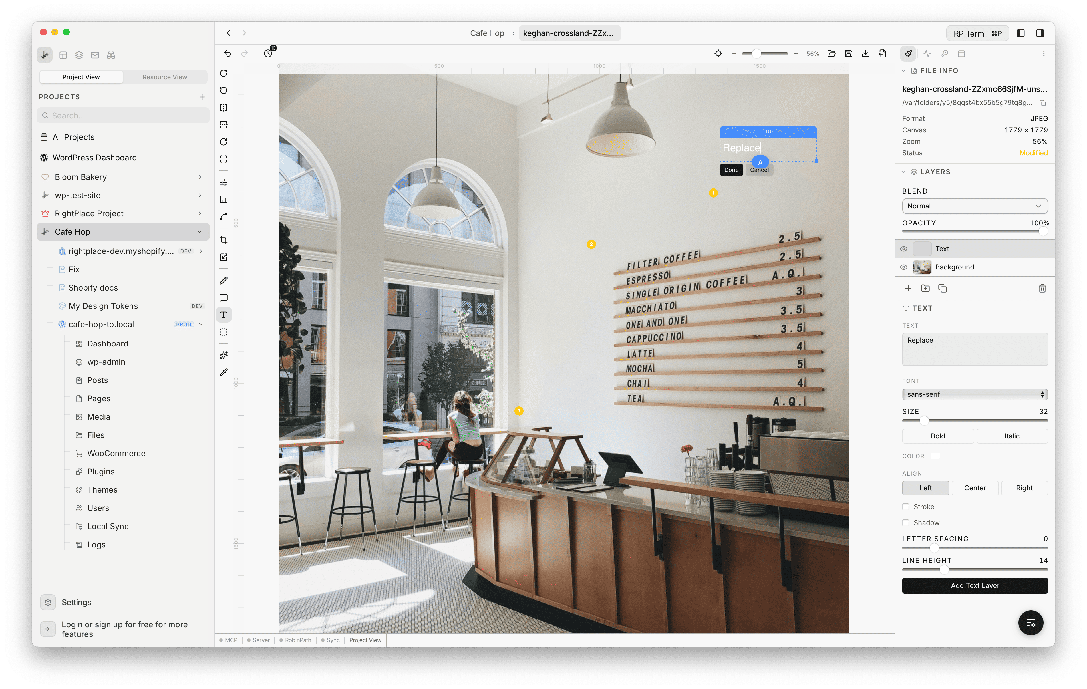 Text tool active with a text overlay reading "Replace" on the canvas, showing Done and Cancel buttons. The right panel shows a Text layer above the Background layer, with controls for text content, font (sans-serif), size (32), Bold and Italic toggles, color, alignment (Left, Center, Right), Stroke and Shadow checkboxes, Letter Spacing, Line Height, and an Add Text Layer button.