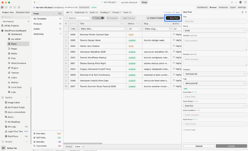 Posts table with New Post in the toolbar and the New Post side panel open with title, status, content, category, tags, and ACF fields