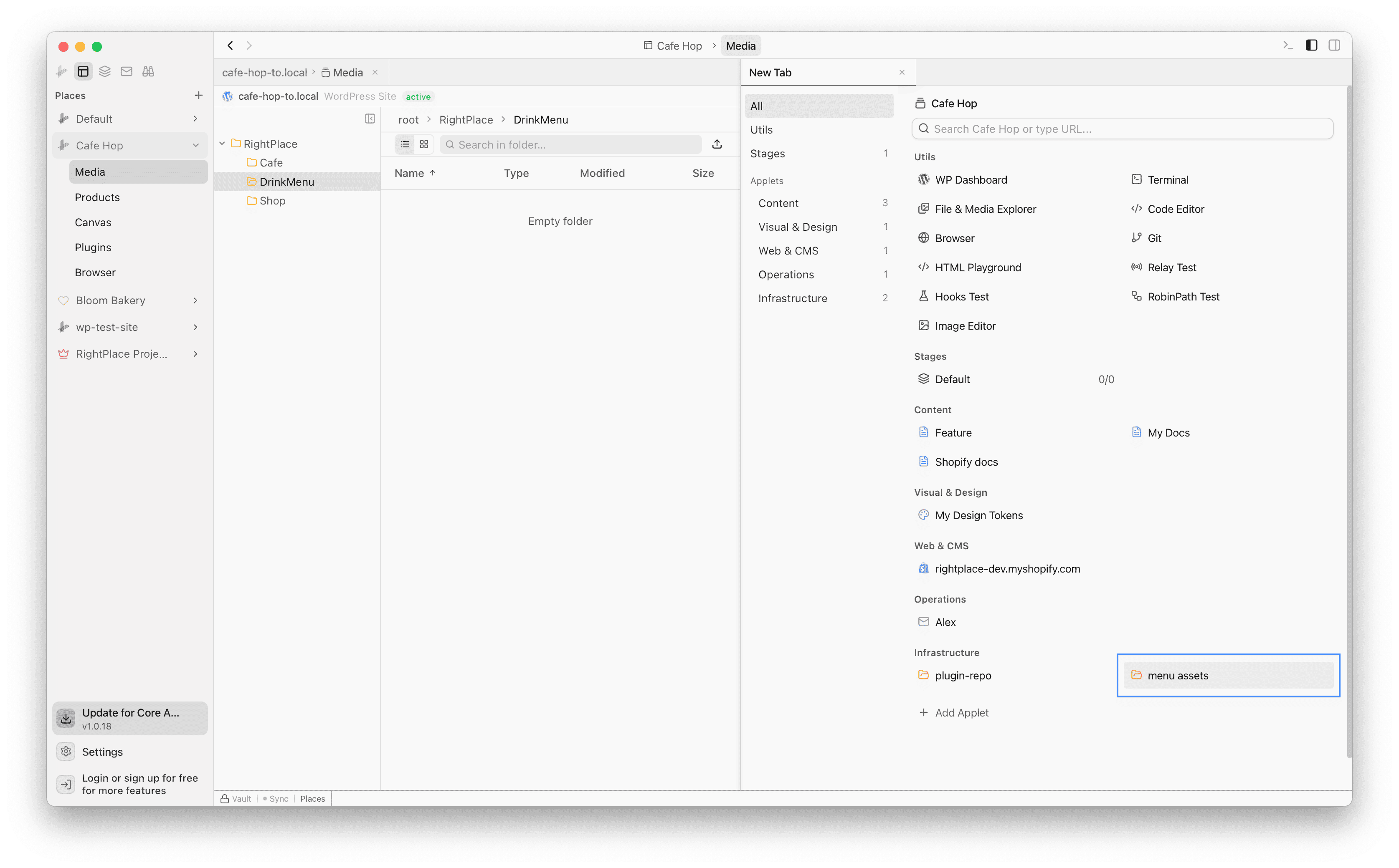 New Tab dialog with menu assets folder highlighted