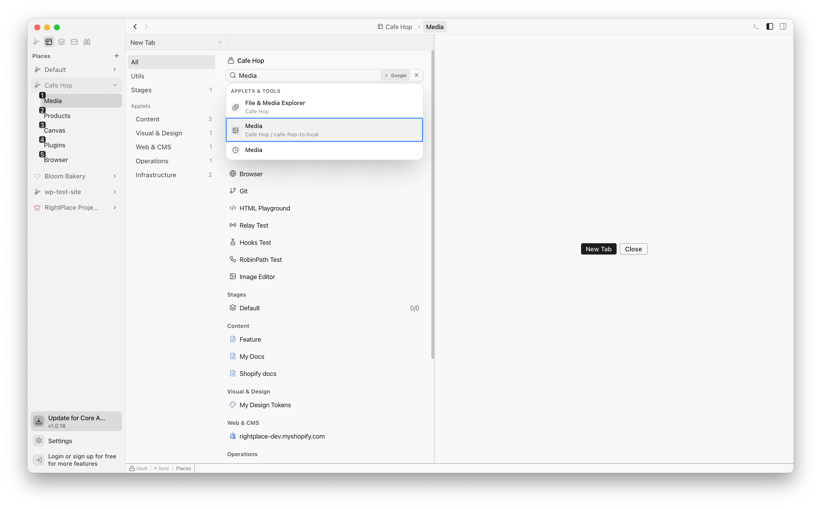 Searching for Media in the new tab dialog