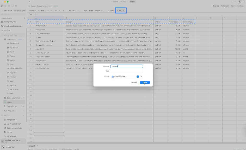 Spreadsheet with header row and menu rows, Export in the toolbar, and Save As dialog