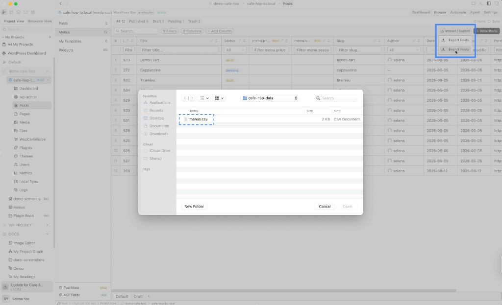 Posts tab with Import / Export menu on Import Posts, and file picker selecting menus.csv