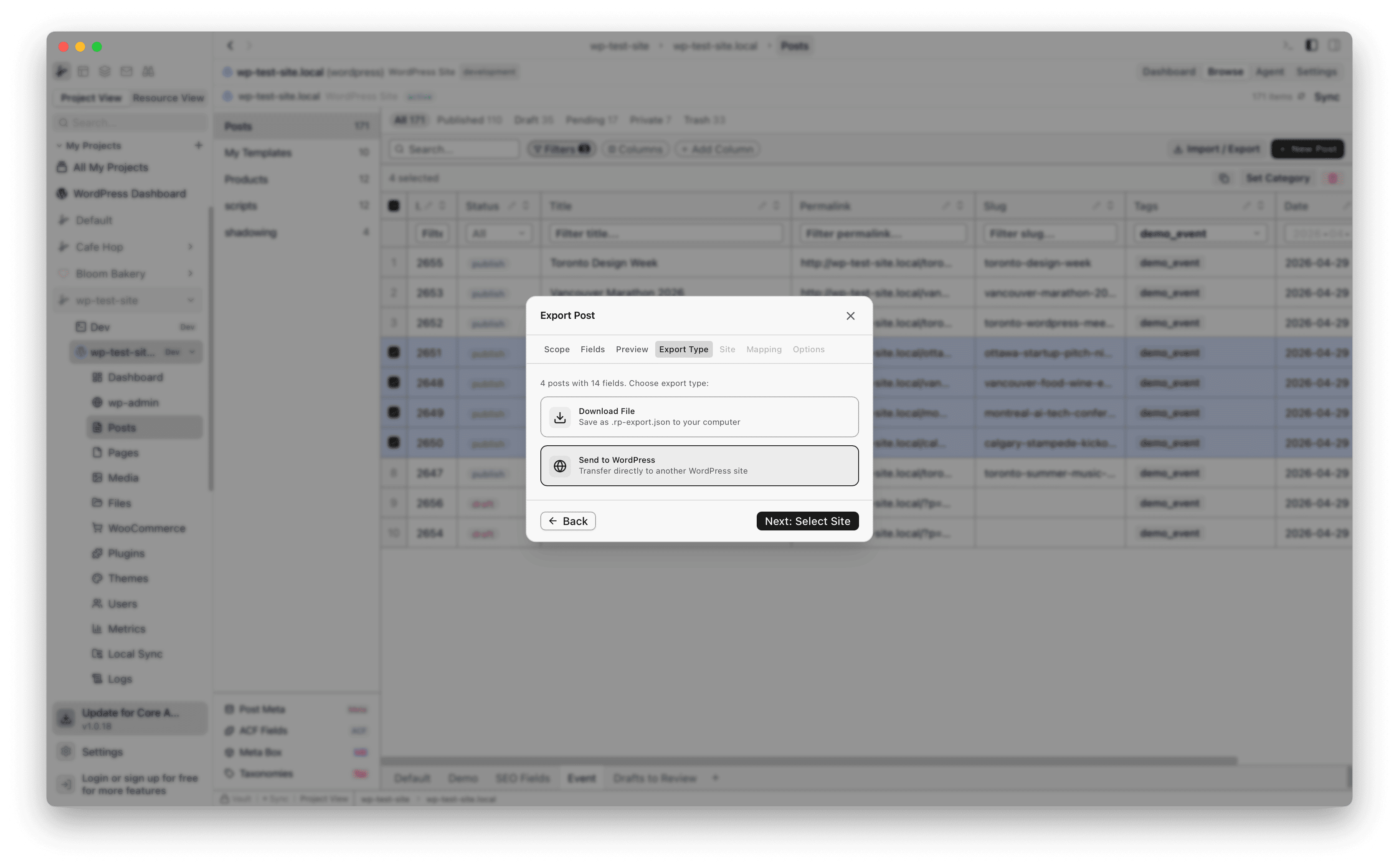 Export Type tab with Download File and Send to WordPress options