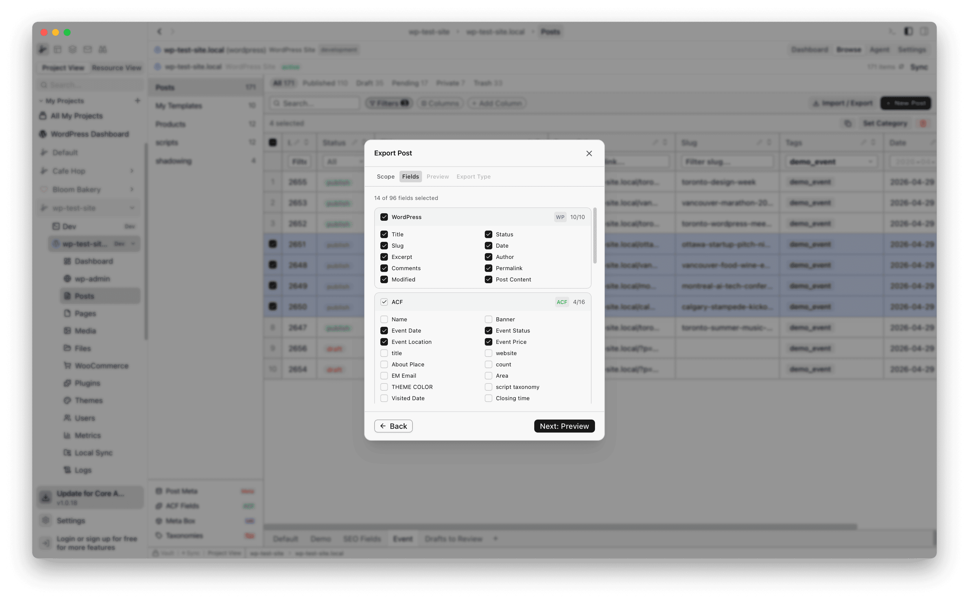 Export Post Fields tab showing 14 of 96 fields selected across WordPress and ACF groups