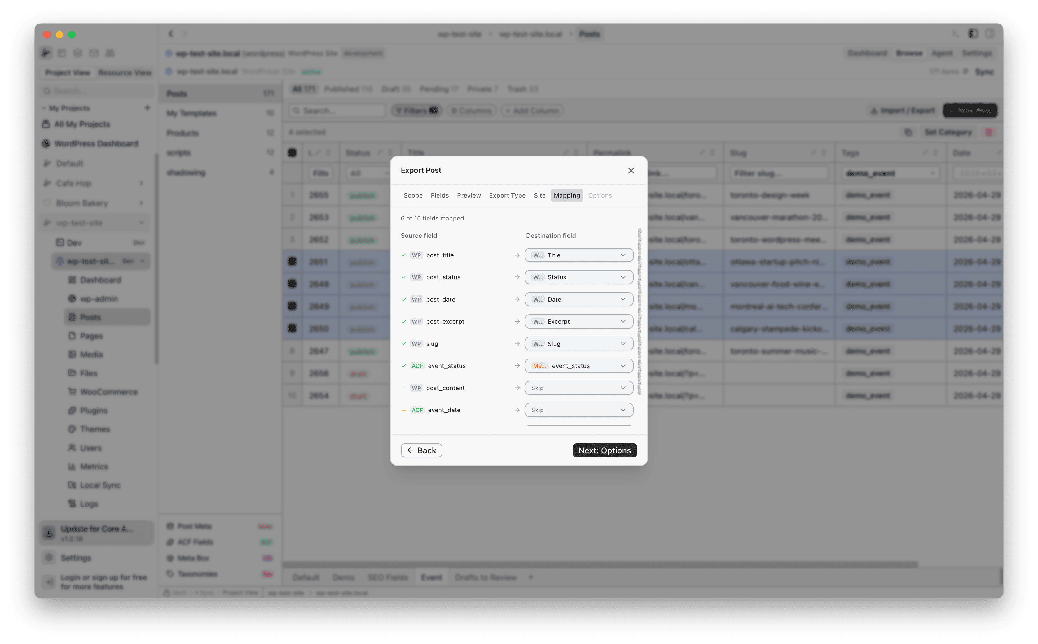 Mapping tab showing source fields mapped to destination fields with dropdown selectors
