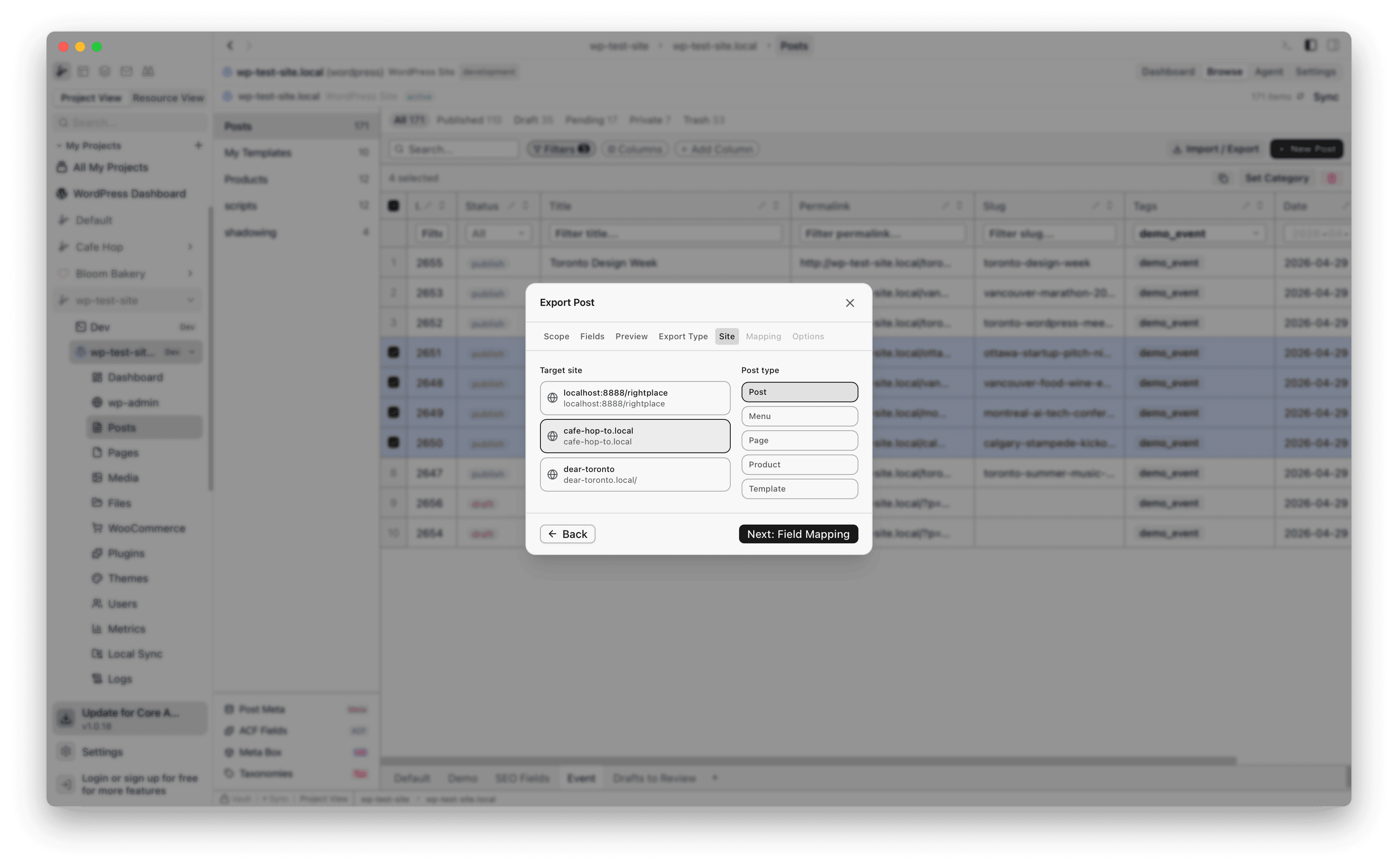 Site tab showing three connected sites and post type options