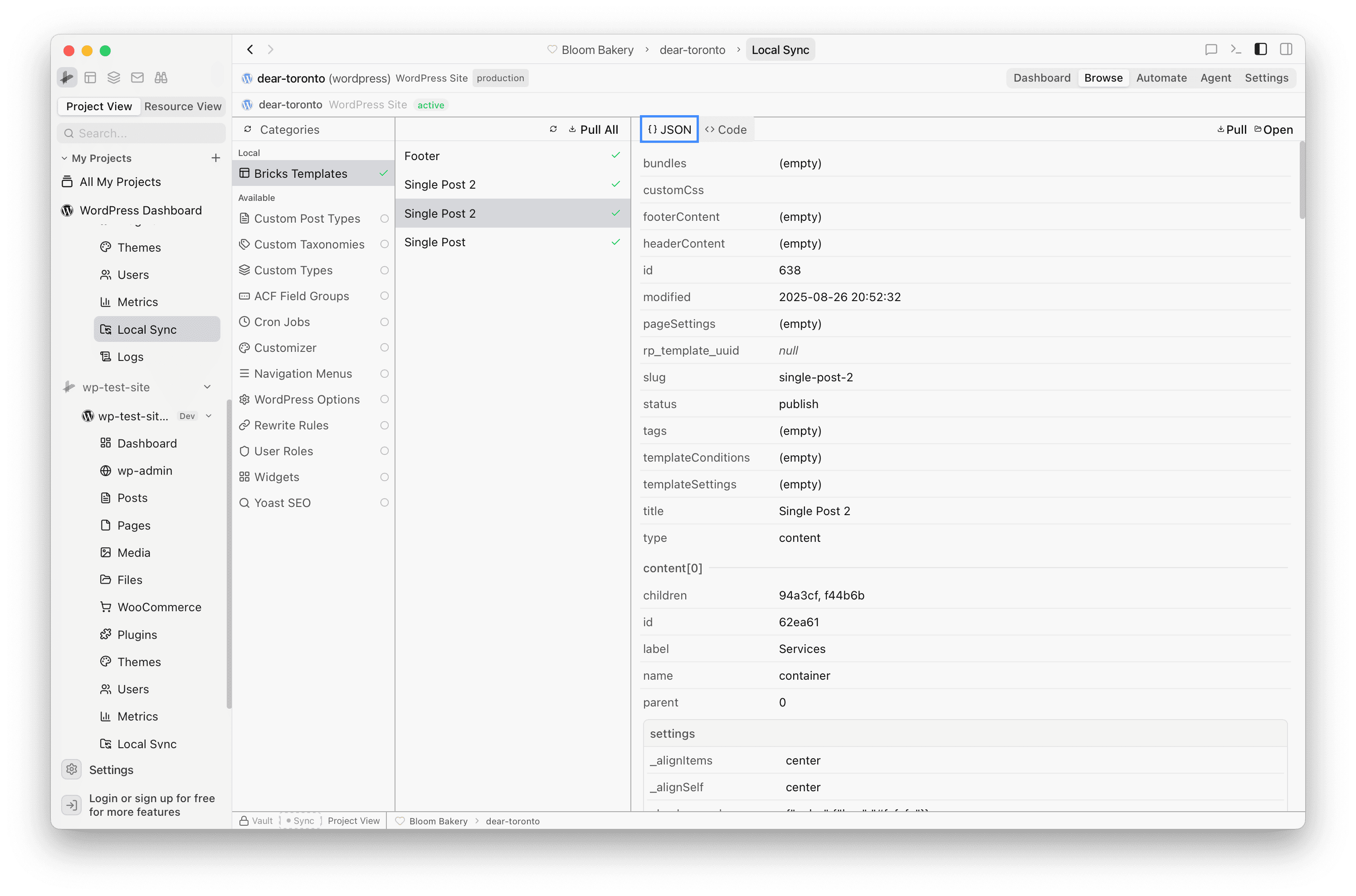 JSON tab showing template metadata and content structure