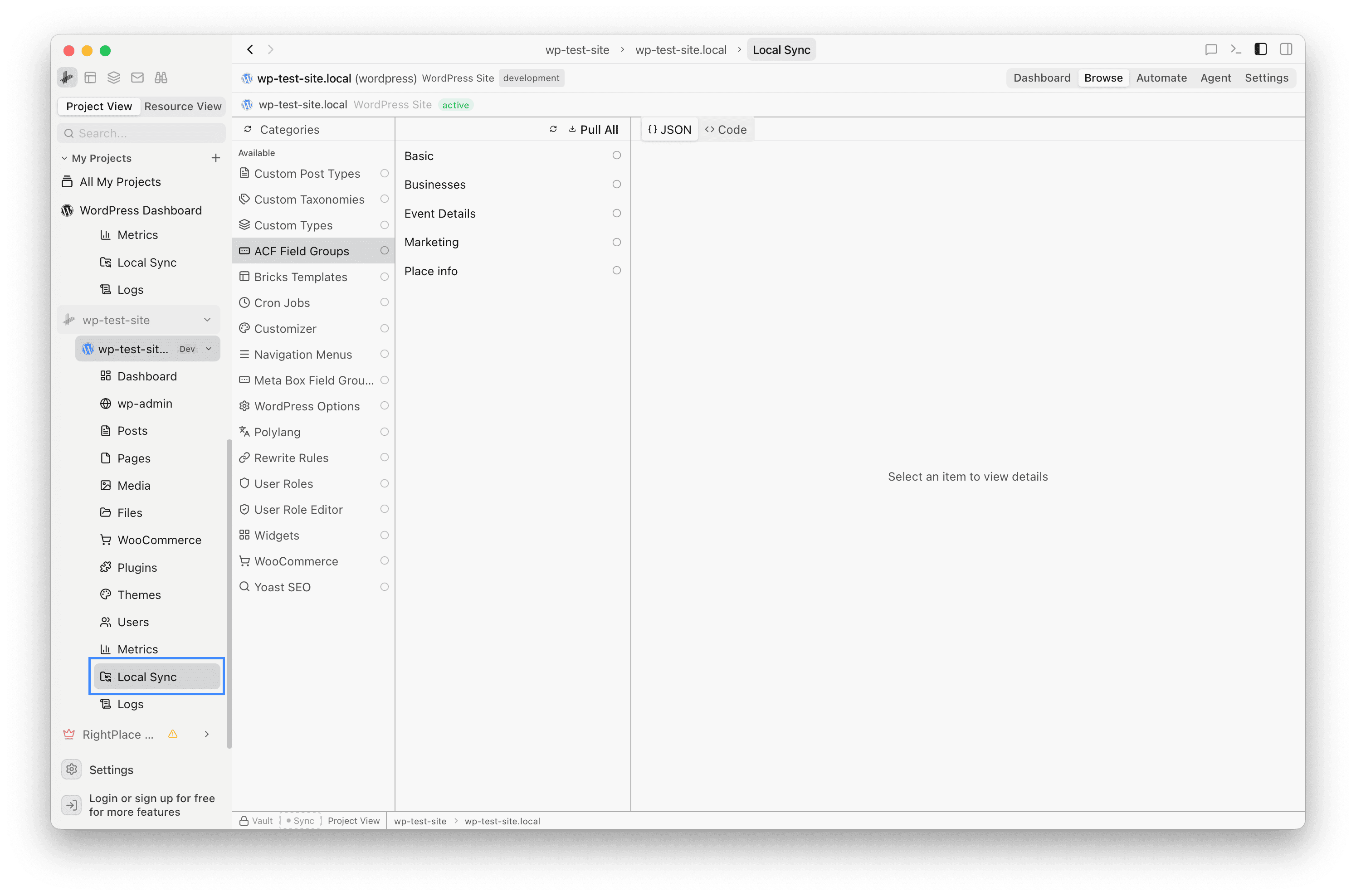Local Sync page showing available sync providers in the sidebar