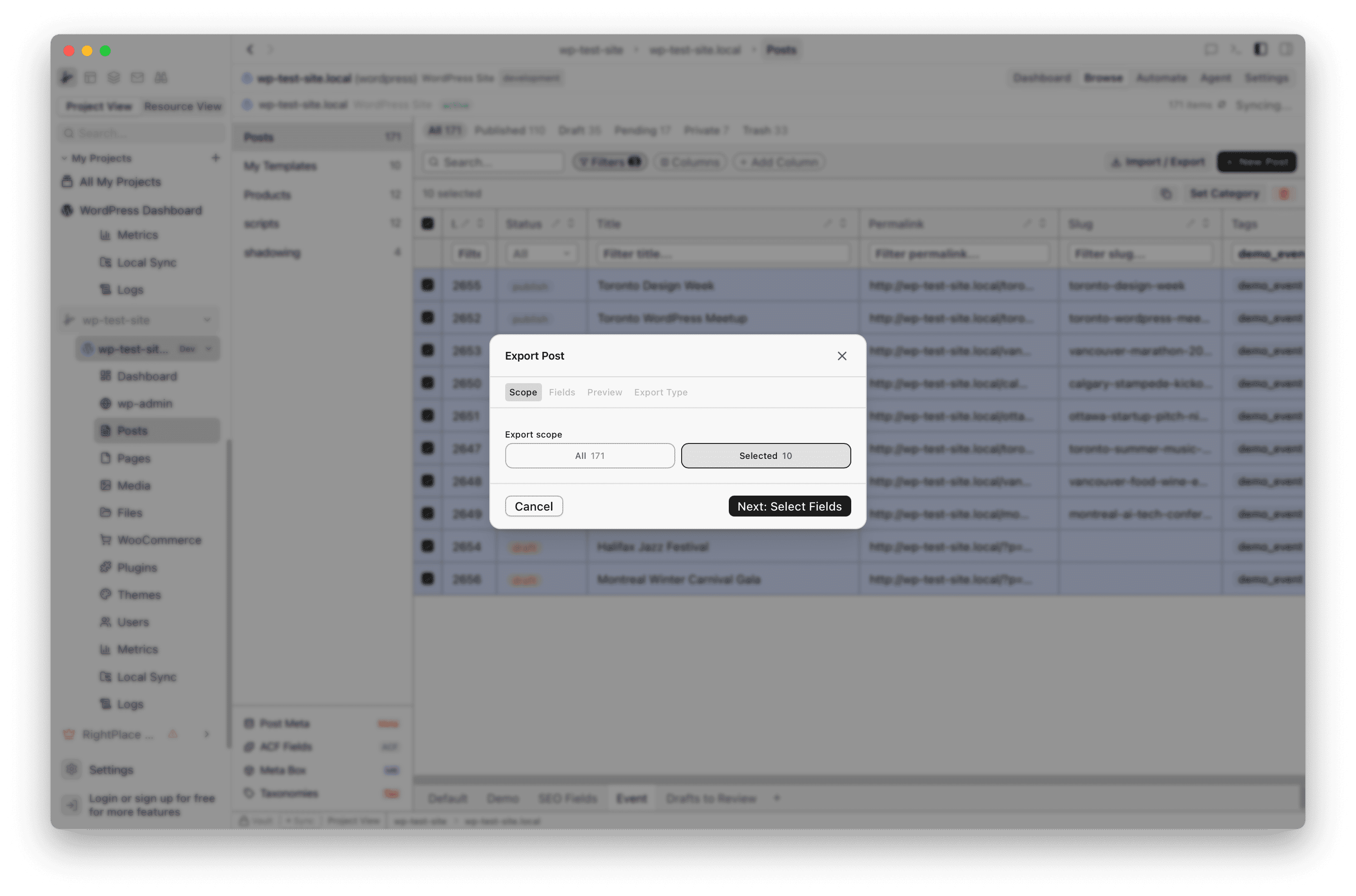 Export Post dialog showing Scope tab with All and Selected options