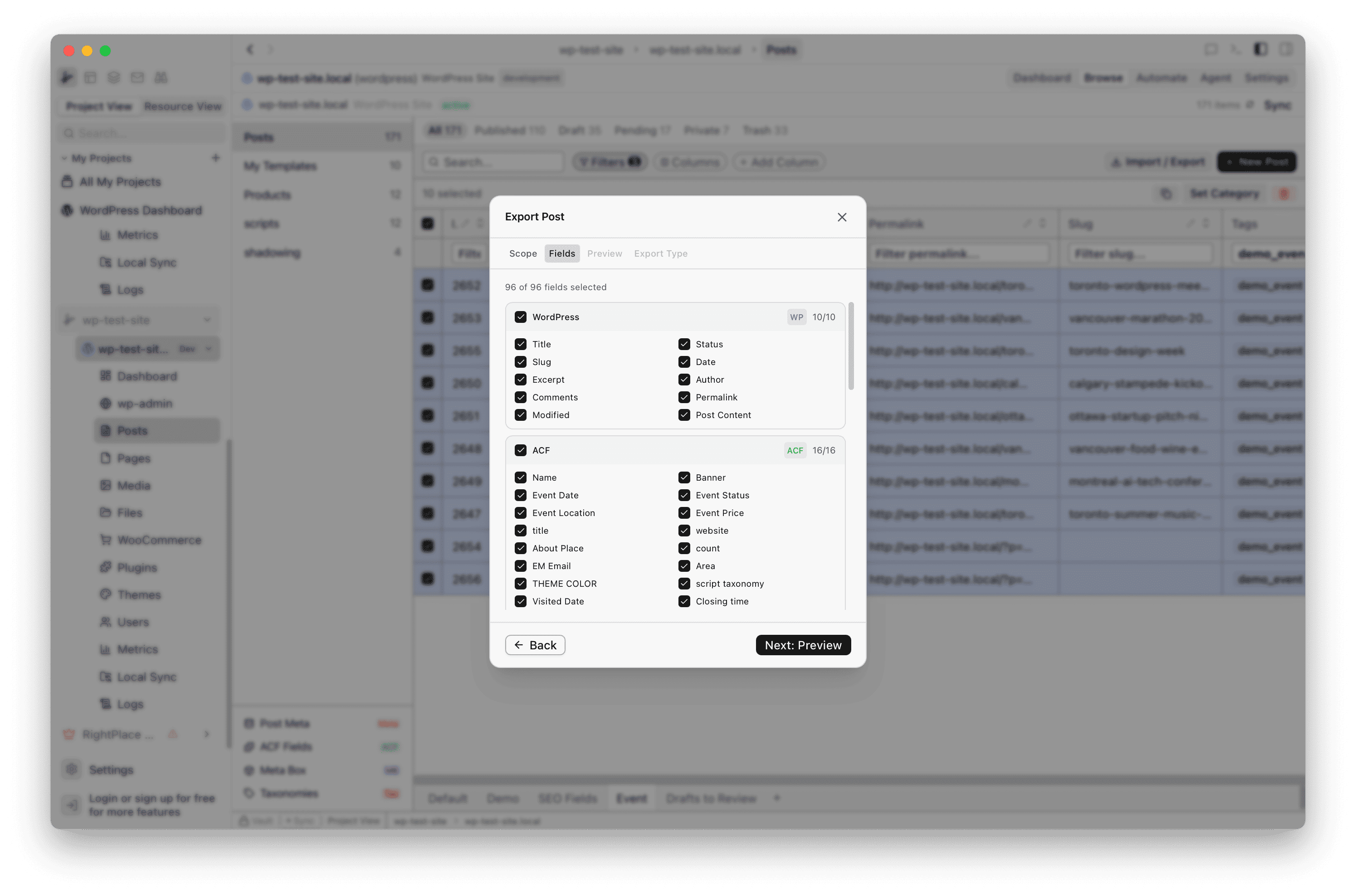 Fields tab showing WordPress and ACF field checkboxes