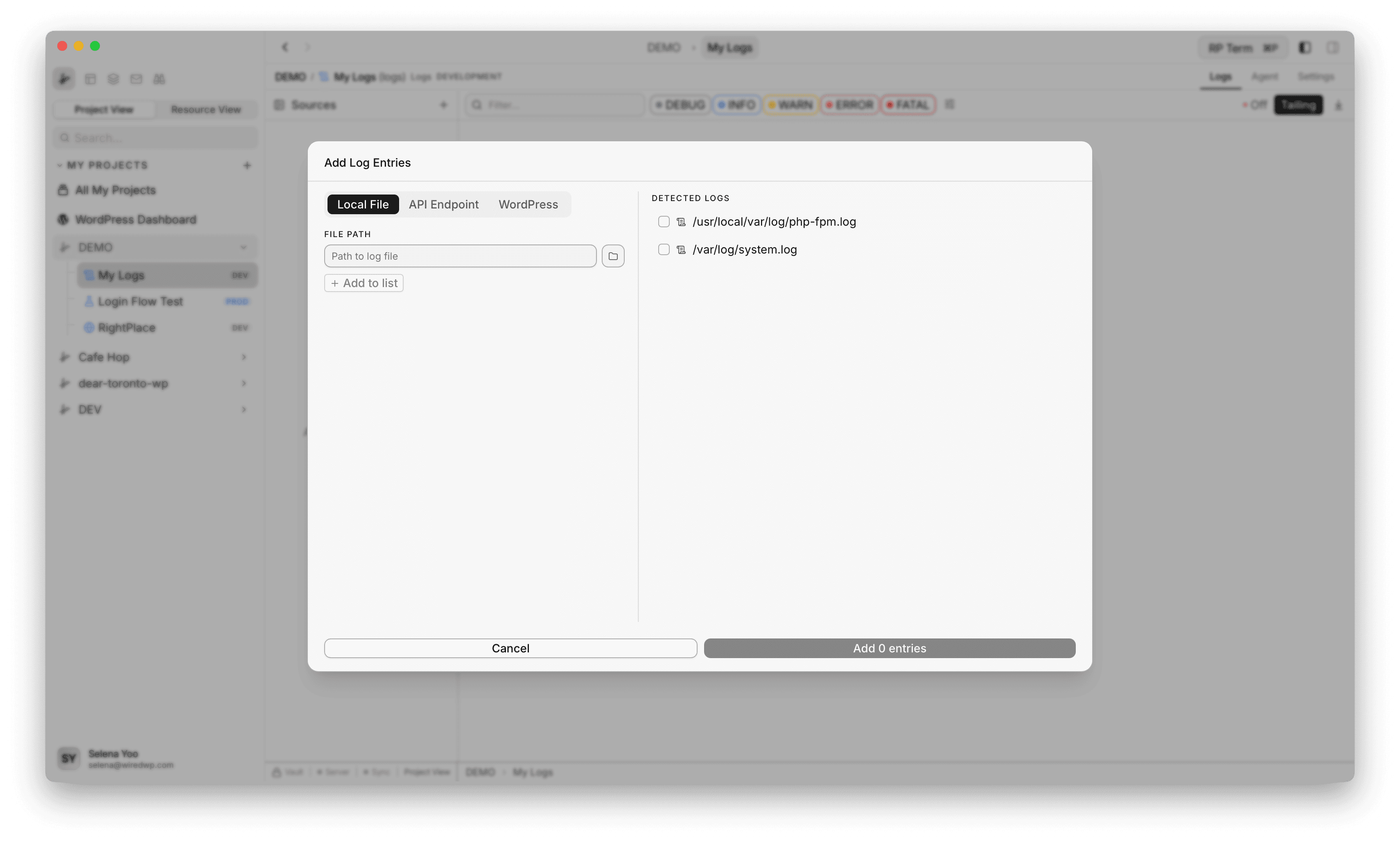 Detected Logs list in Add Log Entries modal showing discovered local log files with checkbox selection