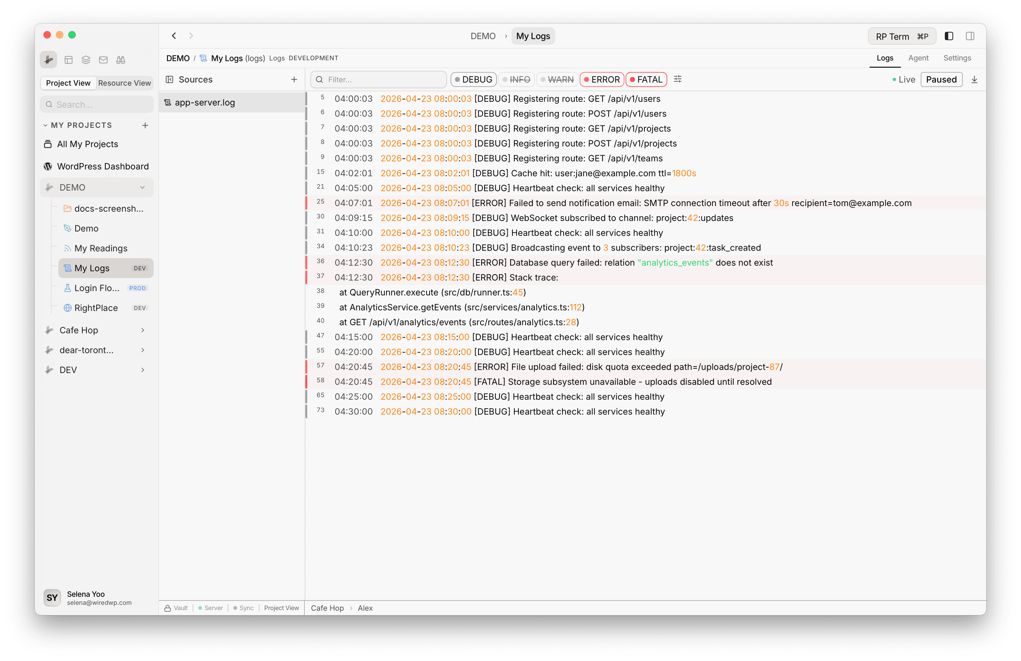Logs stream rows showing line numbers, timestamp, level color bars, and expanded JSON line