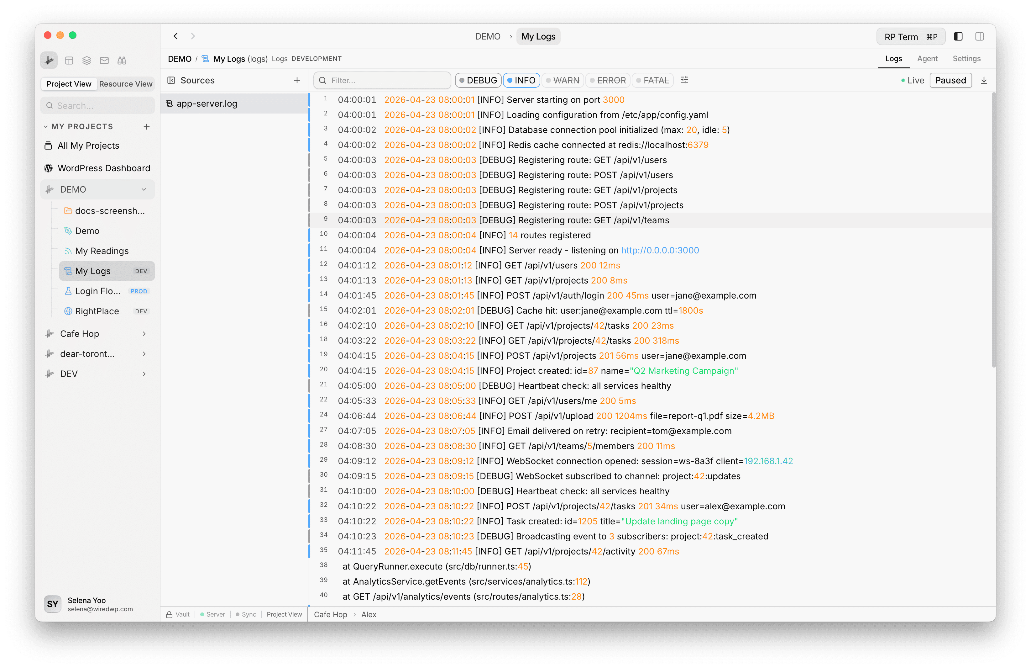 Logs applet layout showing Sources sidebar, filter toolbar, and streamed log lines in the main pane