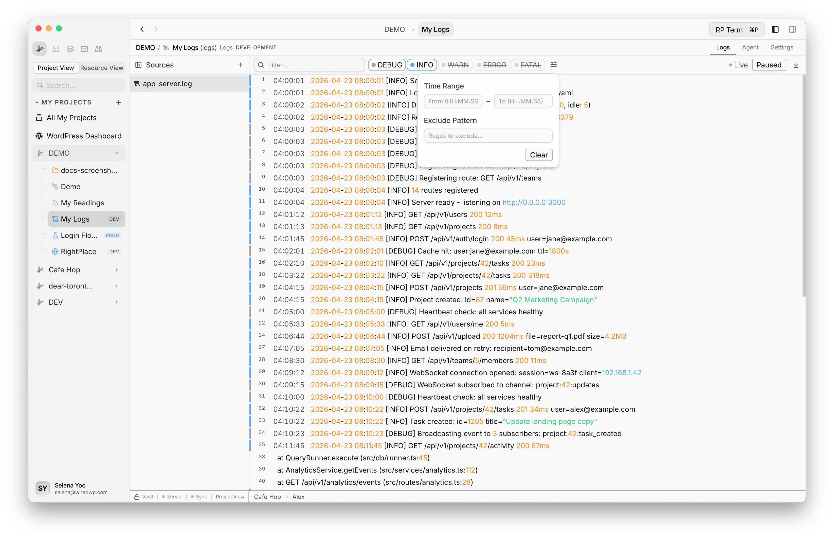 Logs toolbar showing search, level toggles, advanced filter popover, and tail controls