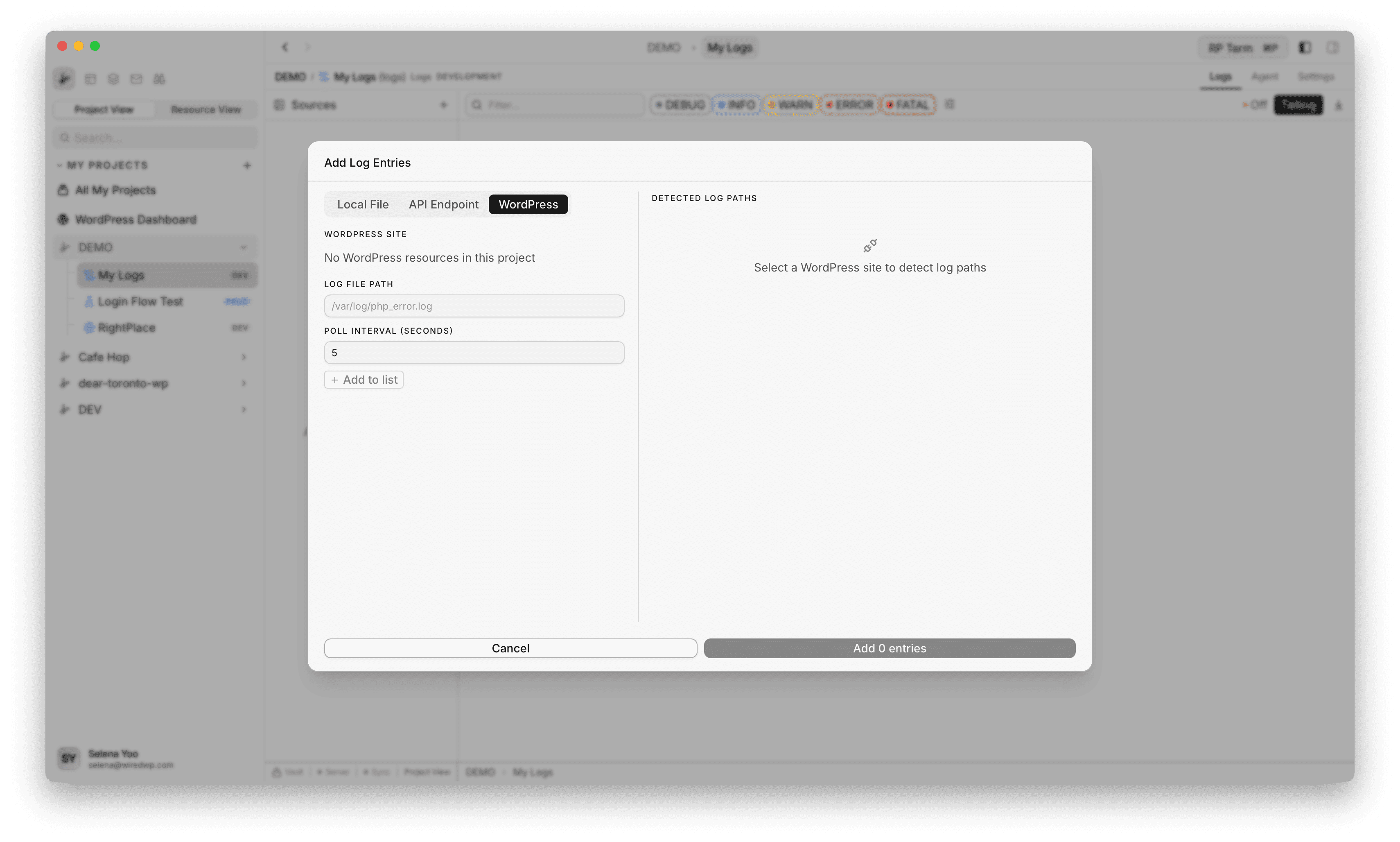 WordPress tab in Add Log Entries modal showing detected log paths and poll interval settings