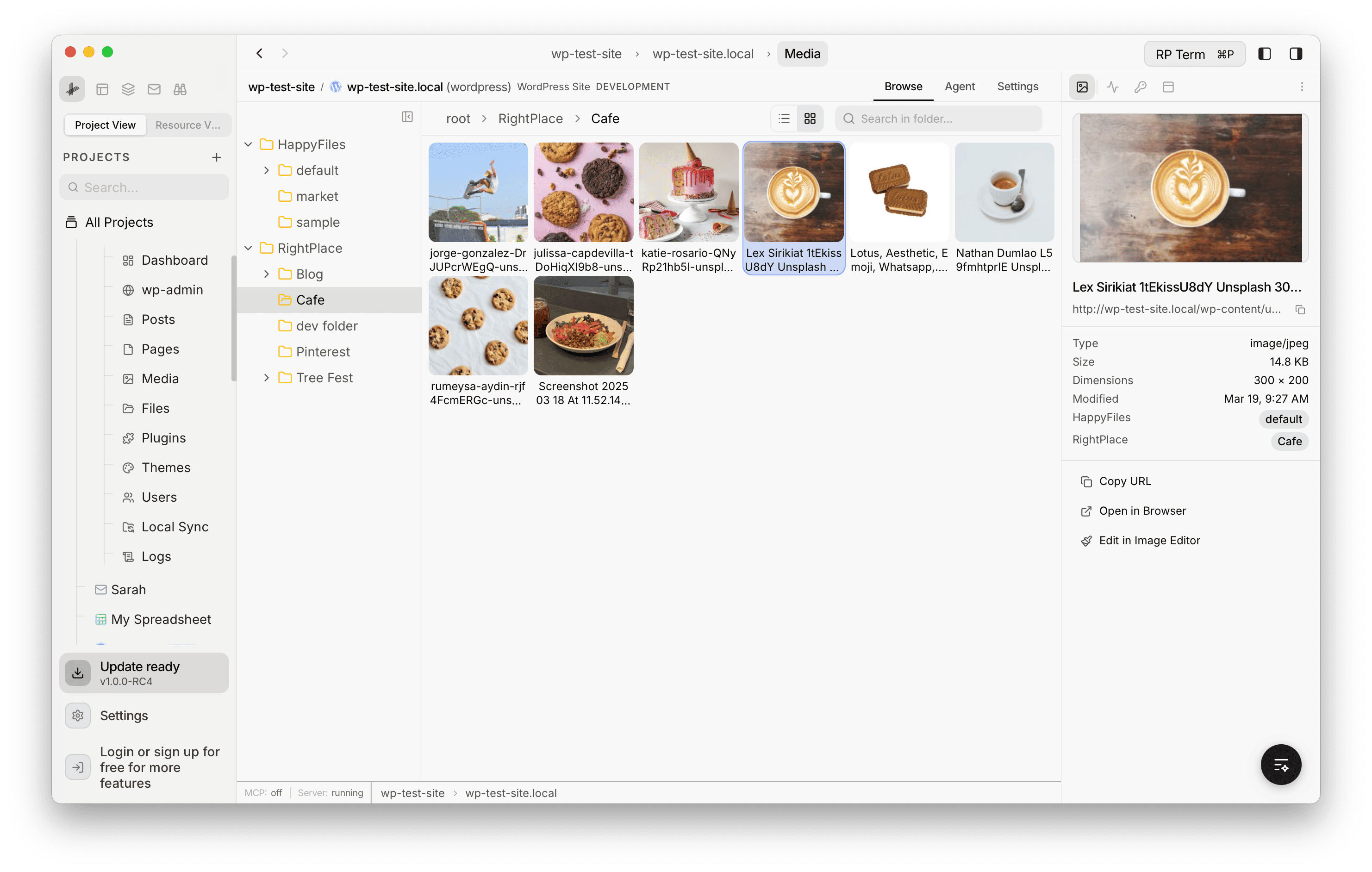 Media grid view with thumbnails and a detail panel showing file metadata, folder assignments, and quick actions