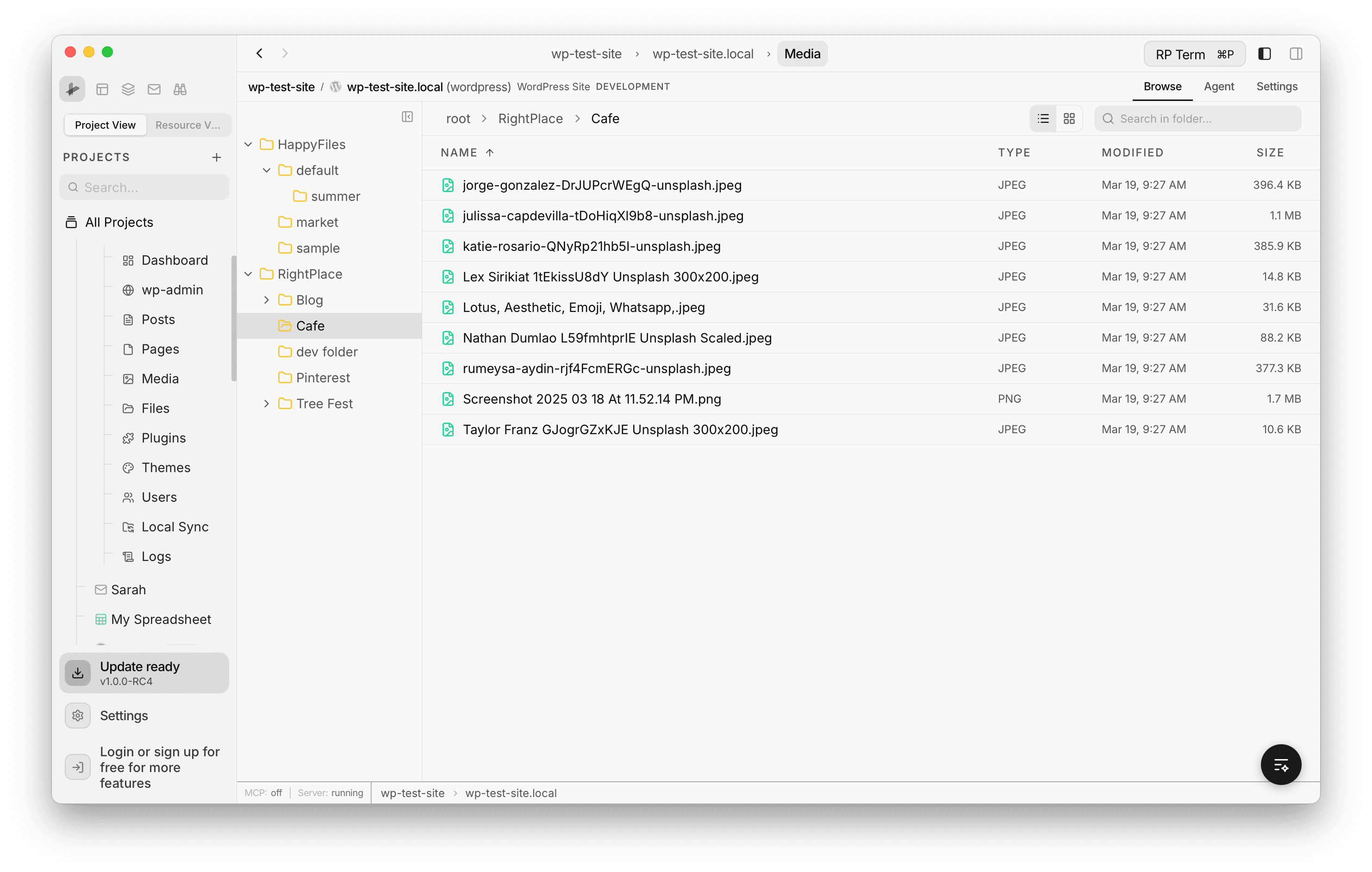 Media list view with folder tree sidebar showing HappyFiles and RightPlace folders, and a file table with name, type, modified, and size columns