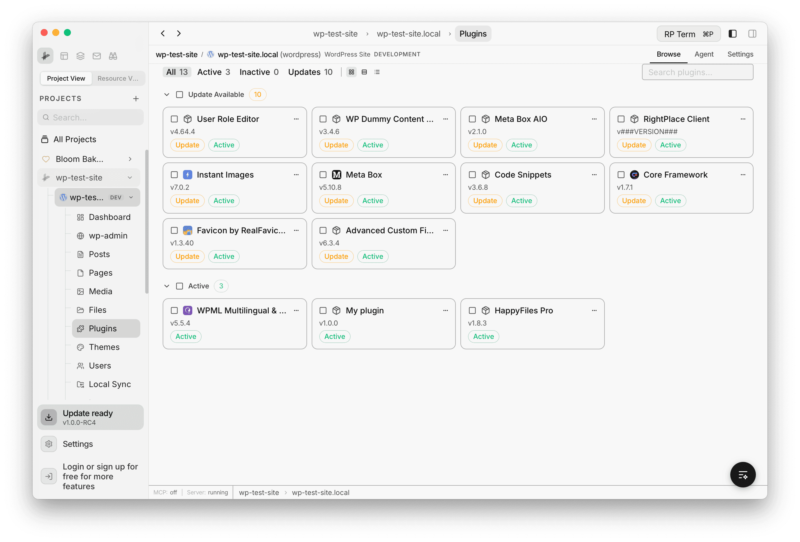 Plugins grid view showing cards grouped by Update Available and Active sections with version and status badges