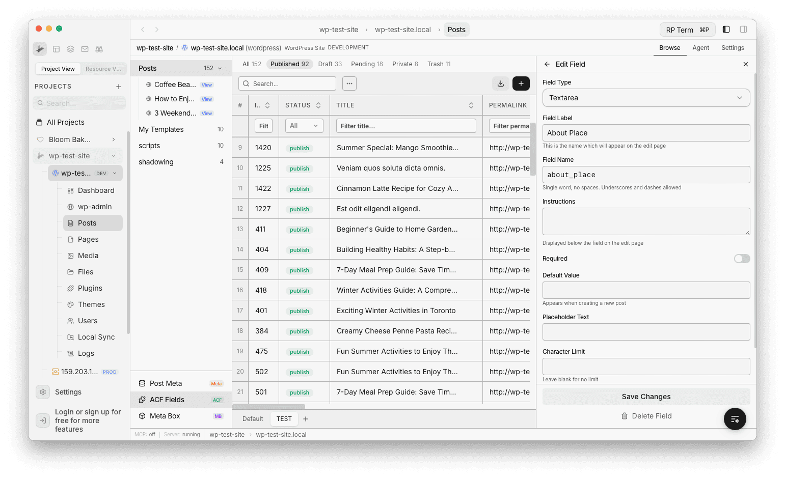 ACF Fields panel showing field groups with typed fields and an edit form