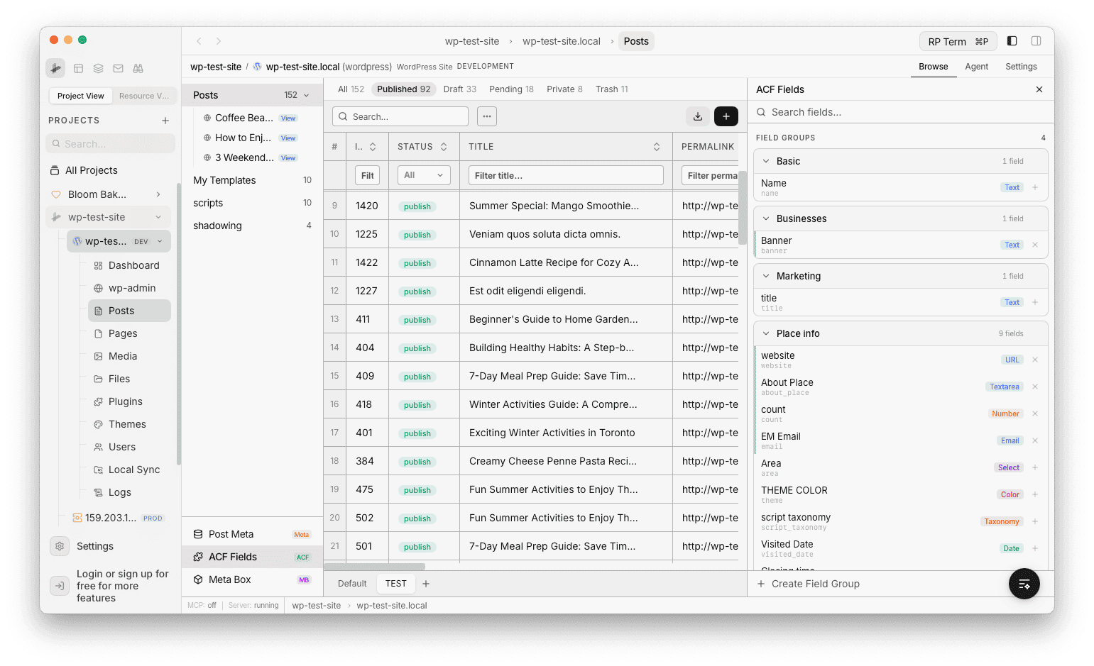 ACF field groups with expandable fields organized by group